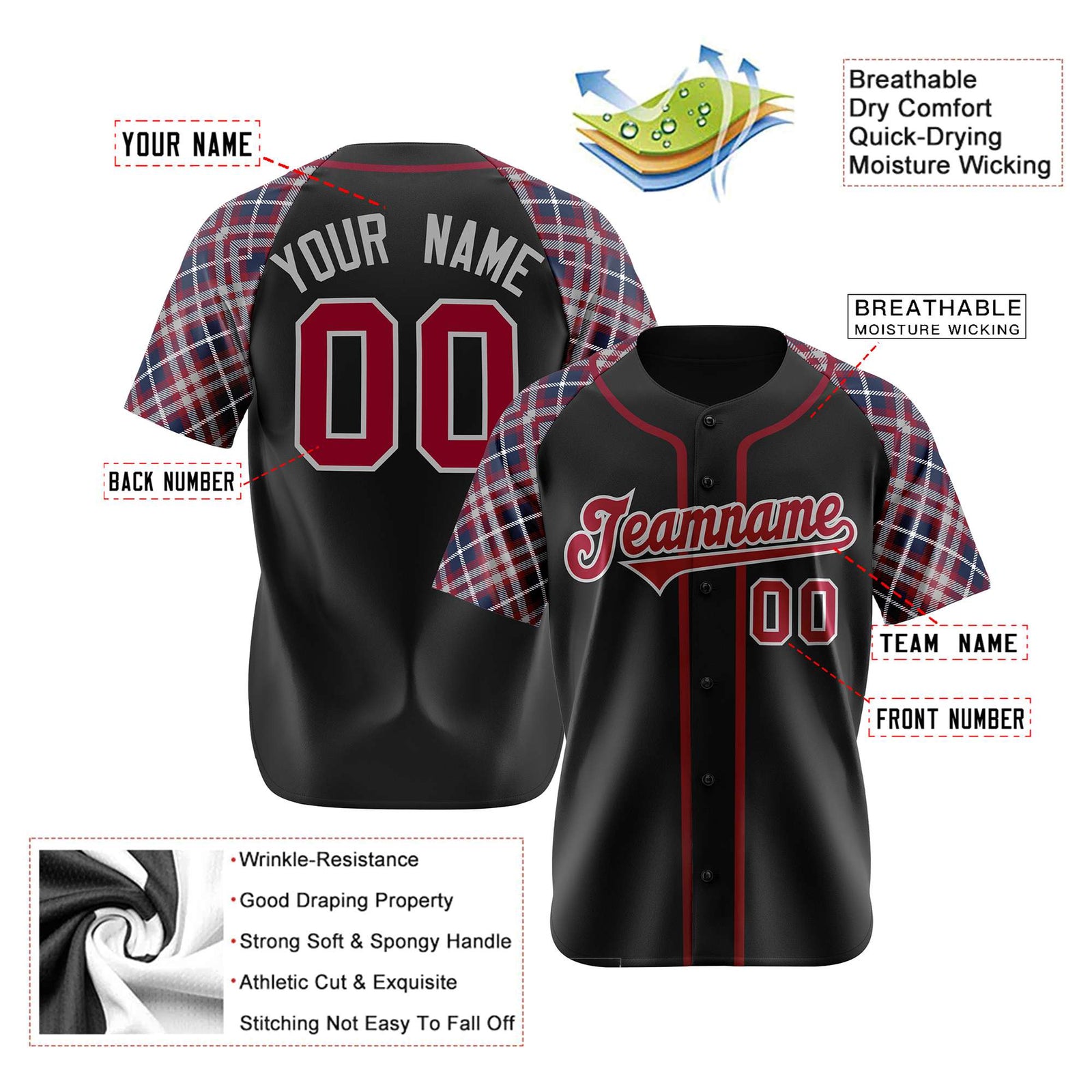 Custom Black Crimson-Gray Navy Authentic Plaid sleeve Baseball Jersey