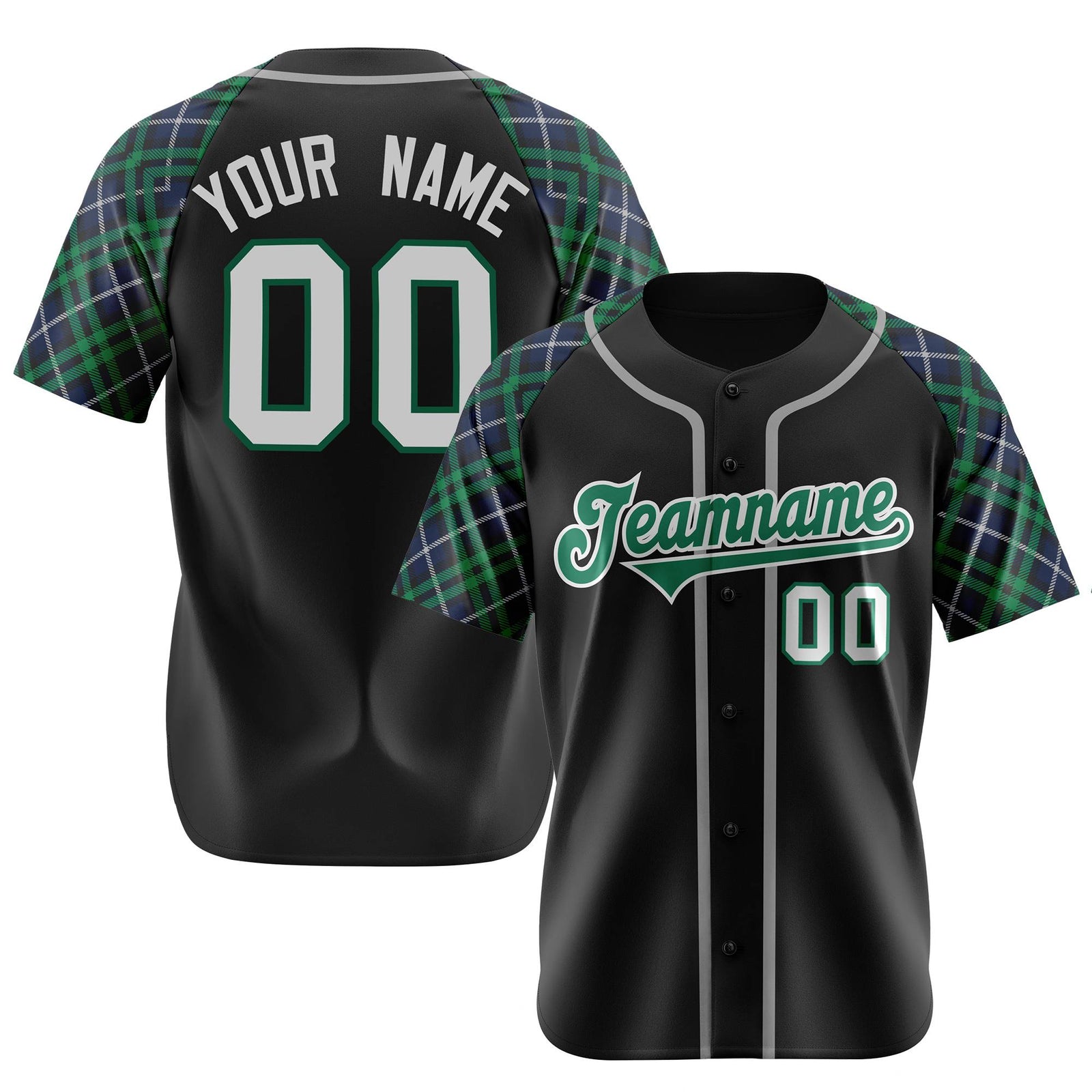 Custom Black Green-Gray Navy Authentic Plaid sleeve Baseball Jersey