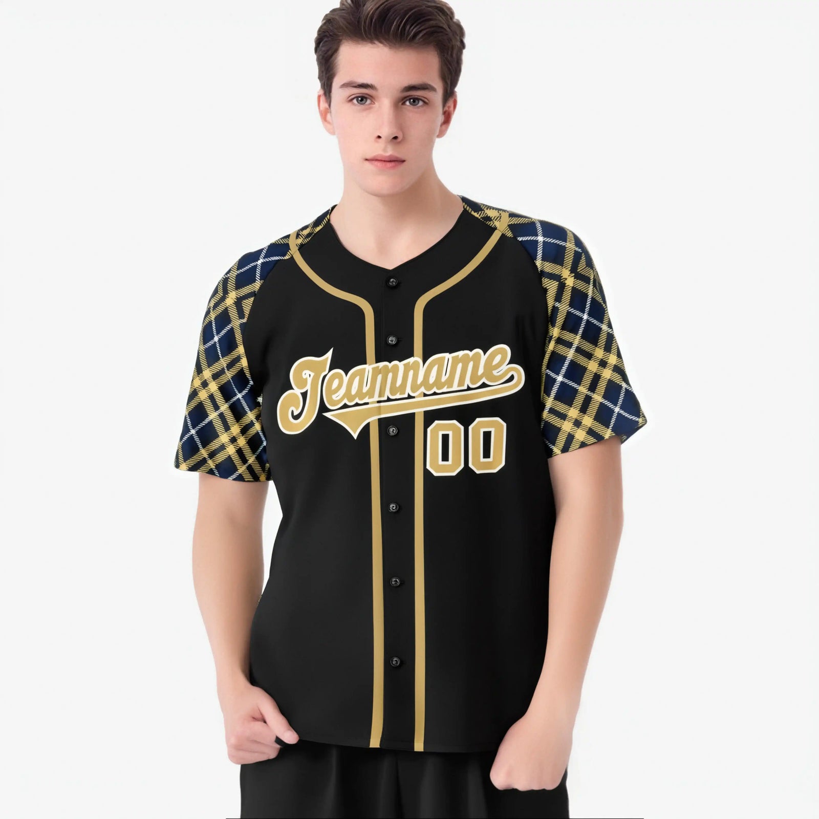 Custom Black Old-Gold White Navy Authentic Plaid sleeve Baseball Jersey
