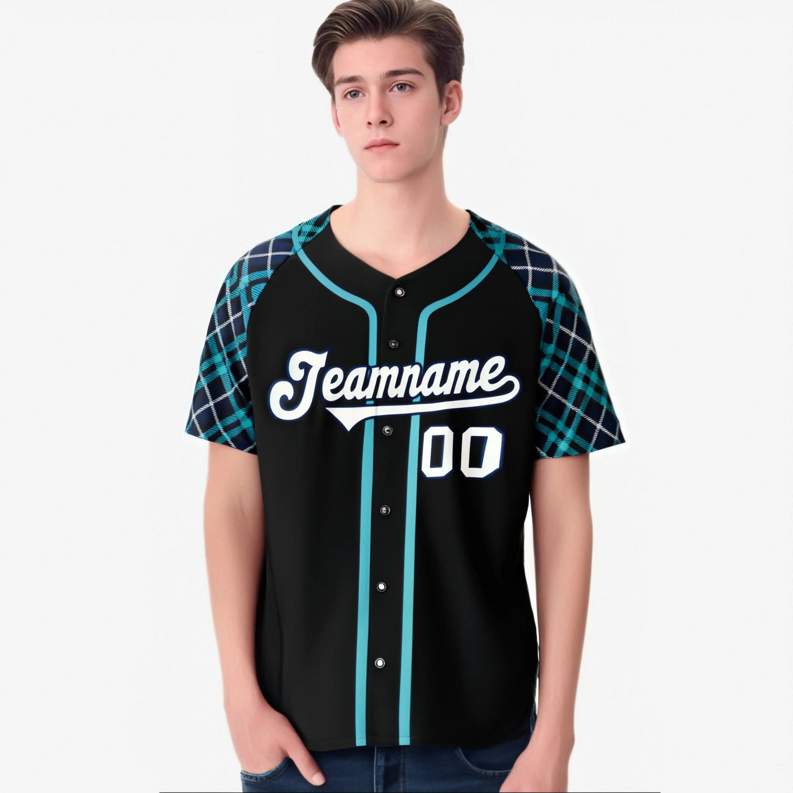Custom Black Midnight-Green Gray Authentic Plaid sleeve Baseball Jersey