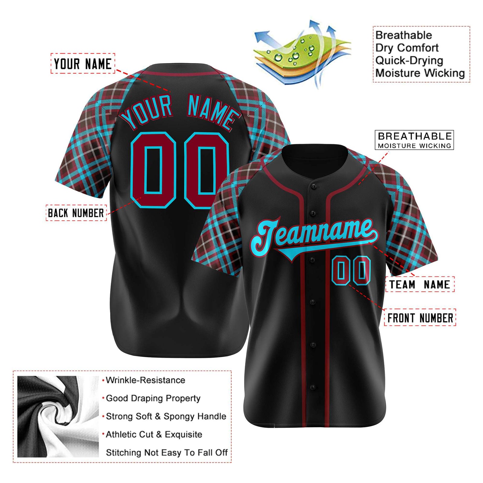 Custom Black Burgundy Light-Blue Authentic Plaid sleeve Baseball Jersey