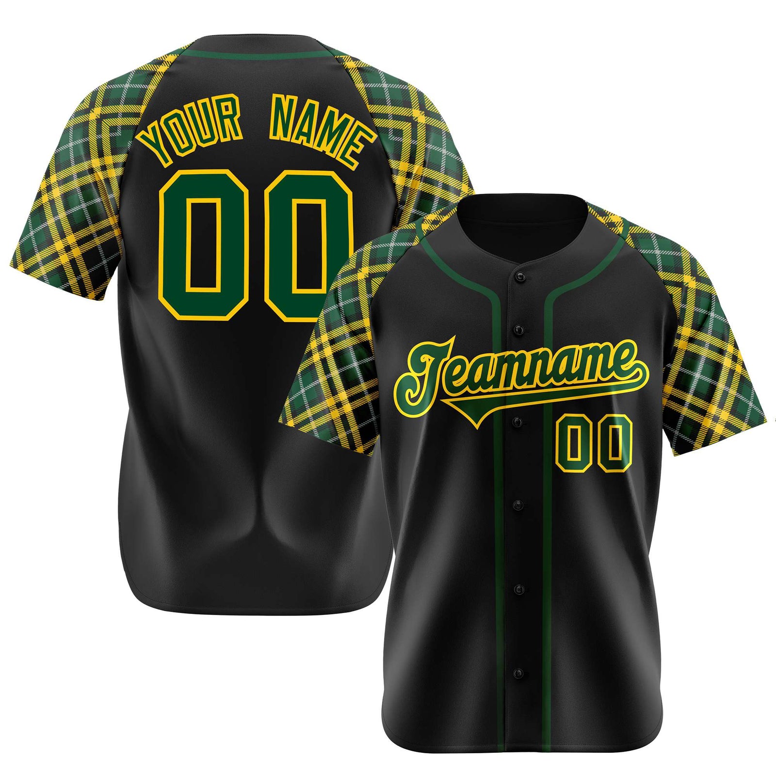 Custom Black Kelly-Green Gold Authentic Plaid sleeve Baseball Jersey