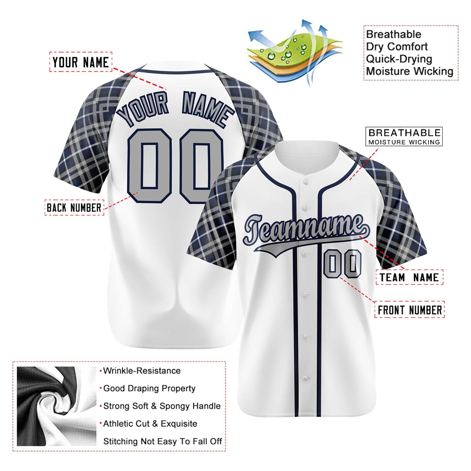 Custom White Gray-Navy Authentic Plaid sleeve Baseball Jersey