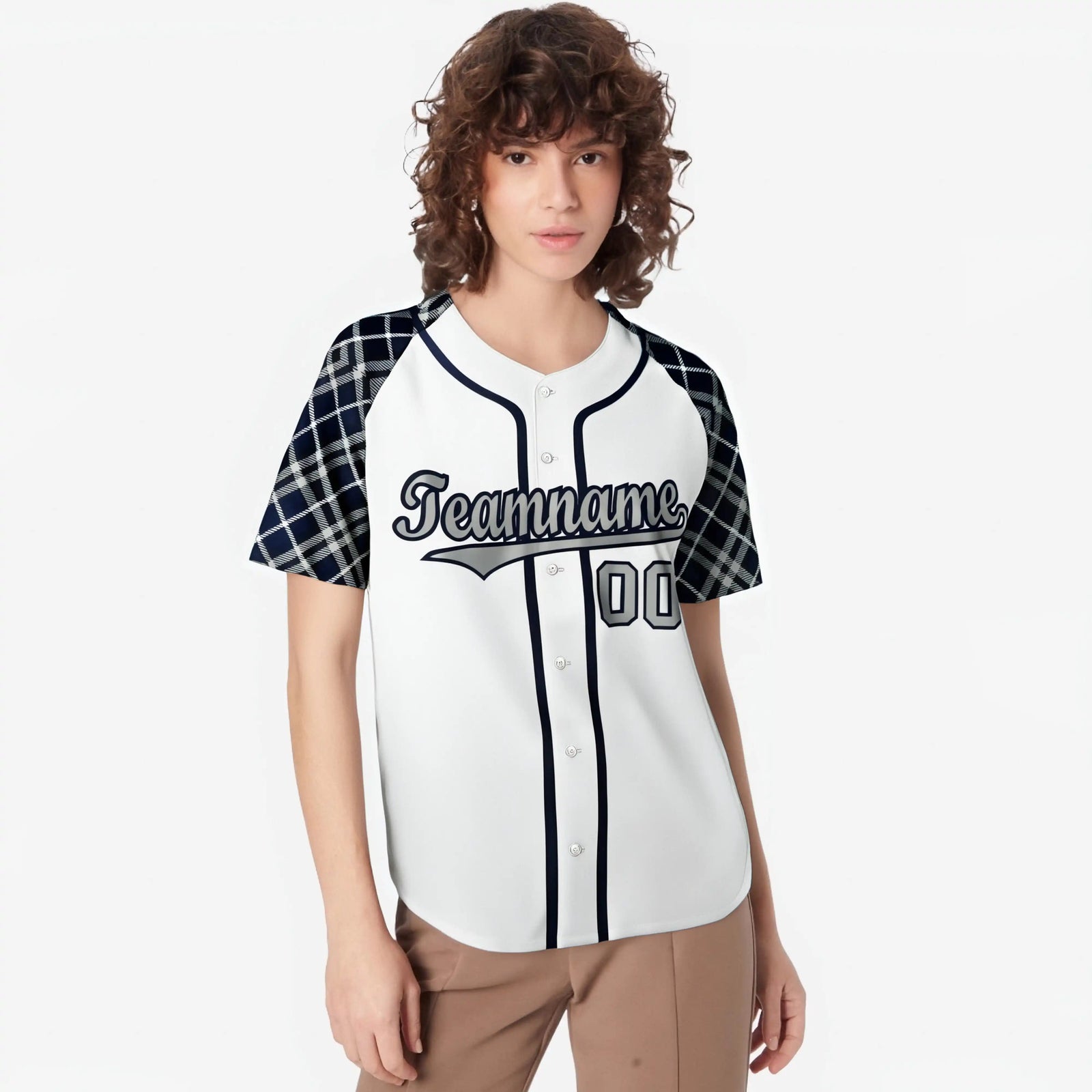 Custom White Gray-Navy Authentic Plaid sleeve Baseball Jersey