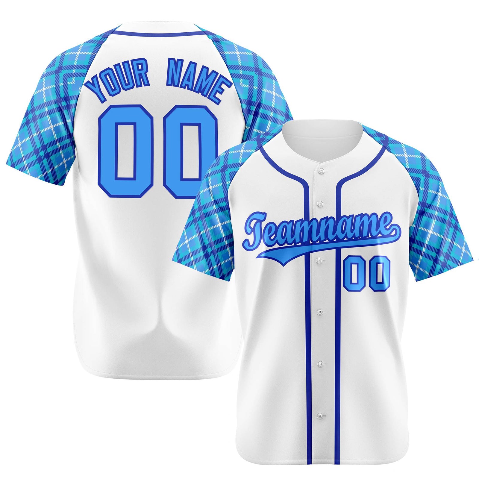 Custom White Purple-Blue Authentic Plaid sleeve Baseball Jersey