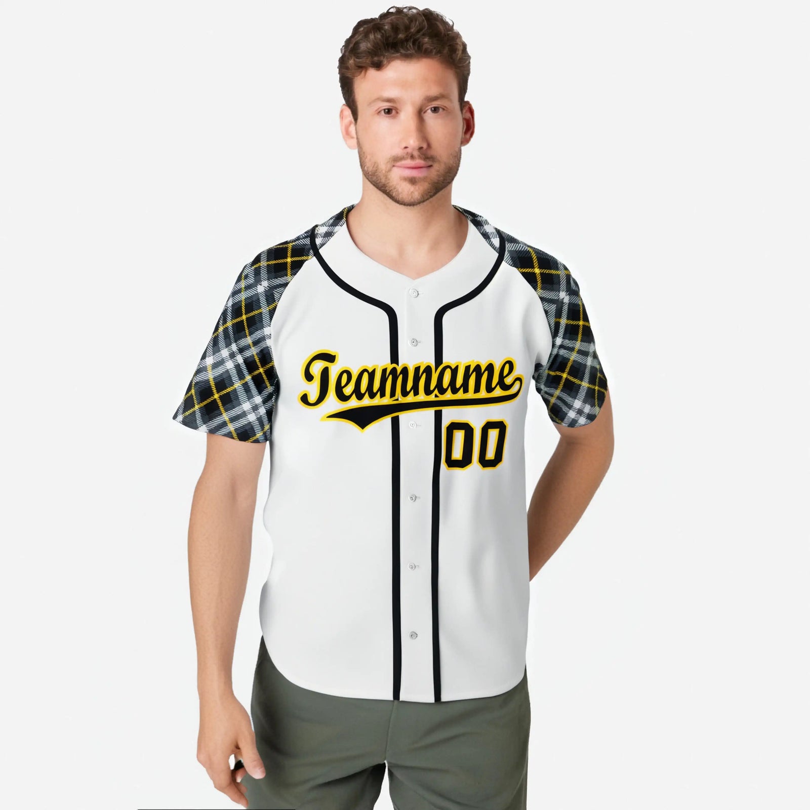 Custom White Gold-Black Authentic Plaid sleeve Baseball Jersey
