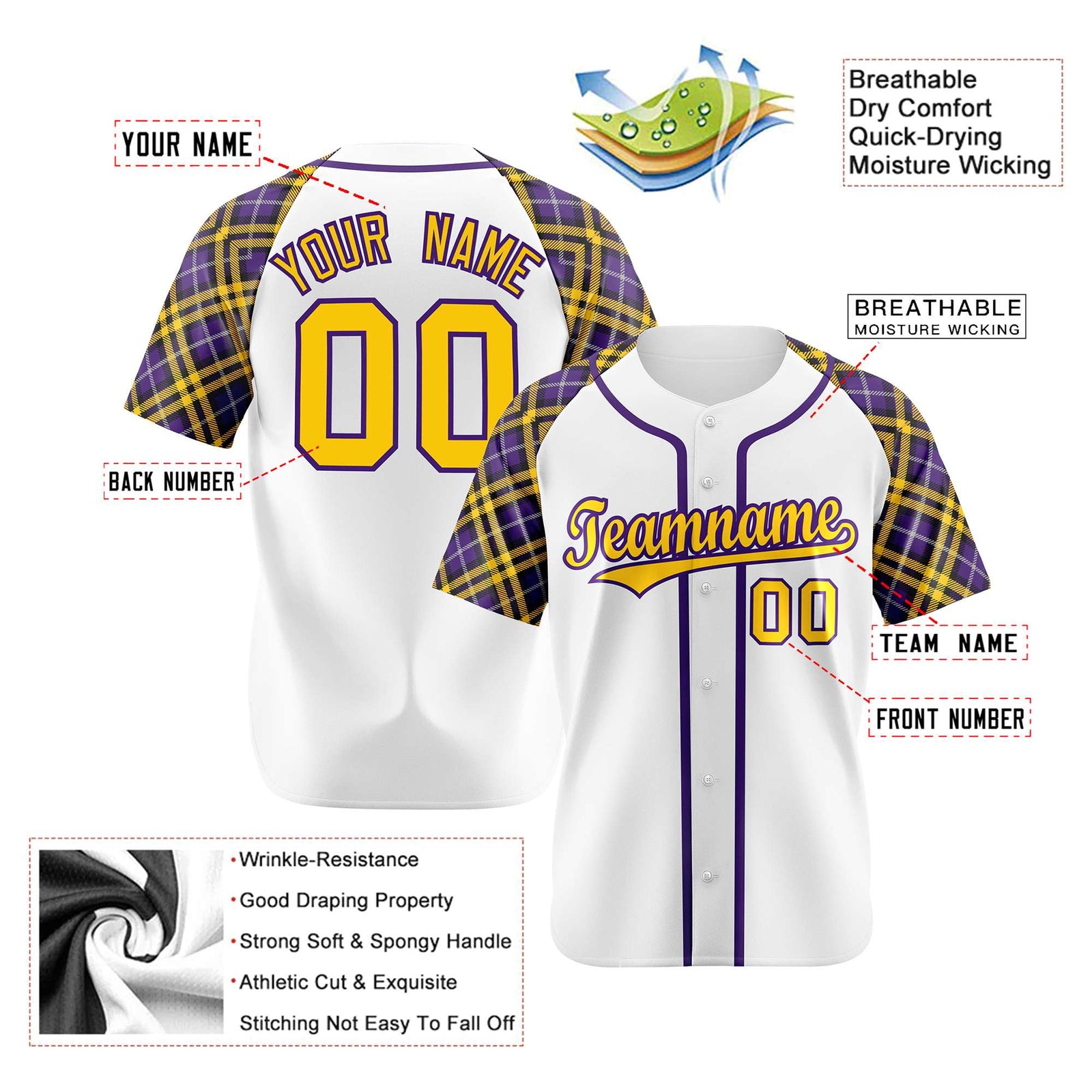 Custom White Yellow-Purple Authentic Plaid sleeve Baseball Jersey