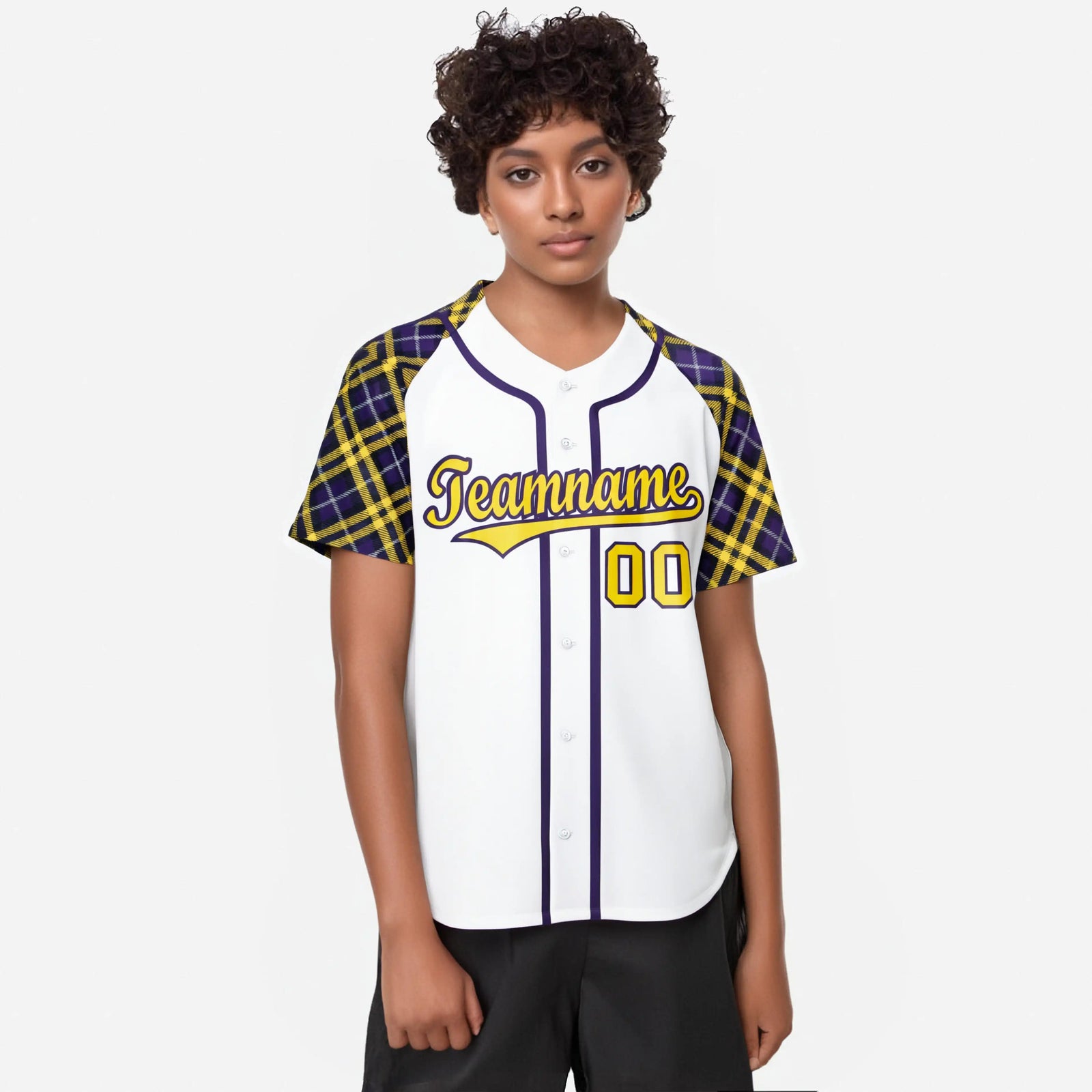 Custom White Yellow-Purple Authentic Plaid sleeve Baseball Jersey