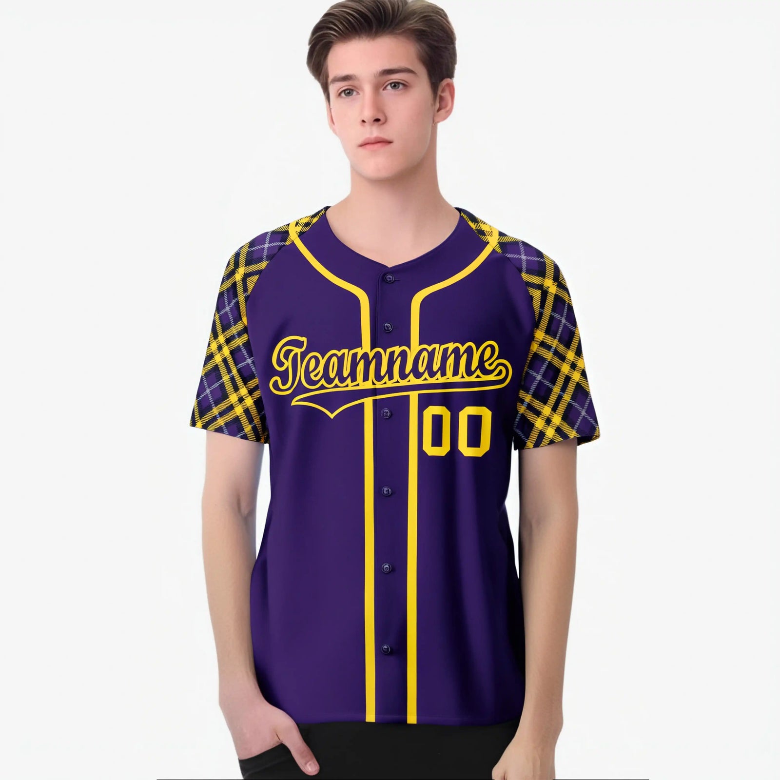 Custom Purple-Yellow Authentic Plaid sleeve Baseball Jersey