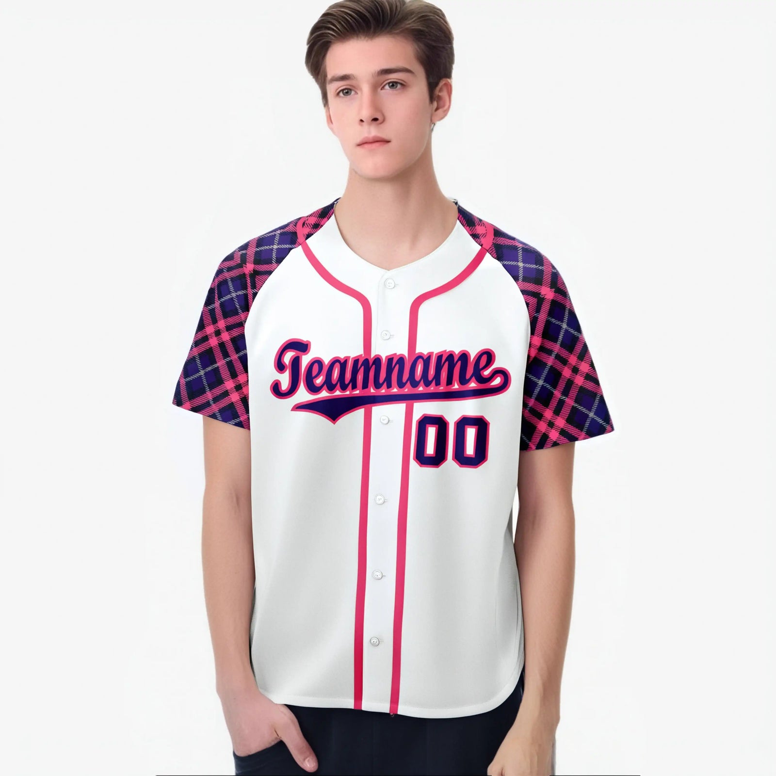 Custom White Purple-Pink Authentic Plaid sleeve Baseball Jersey