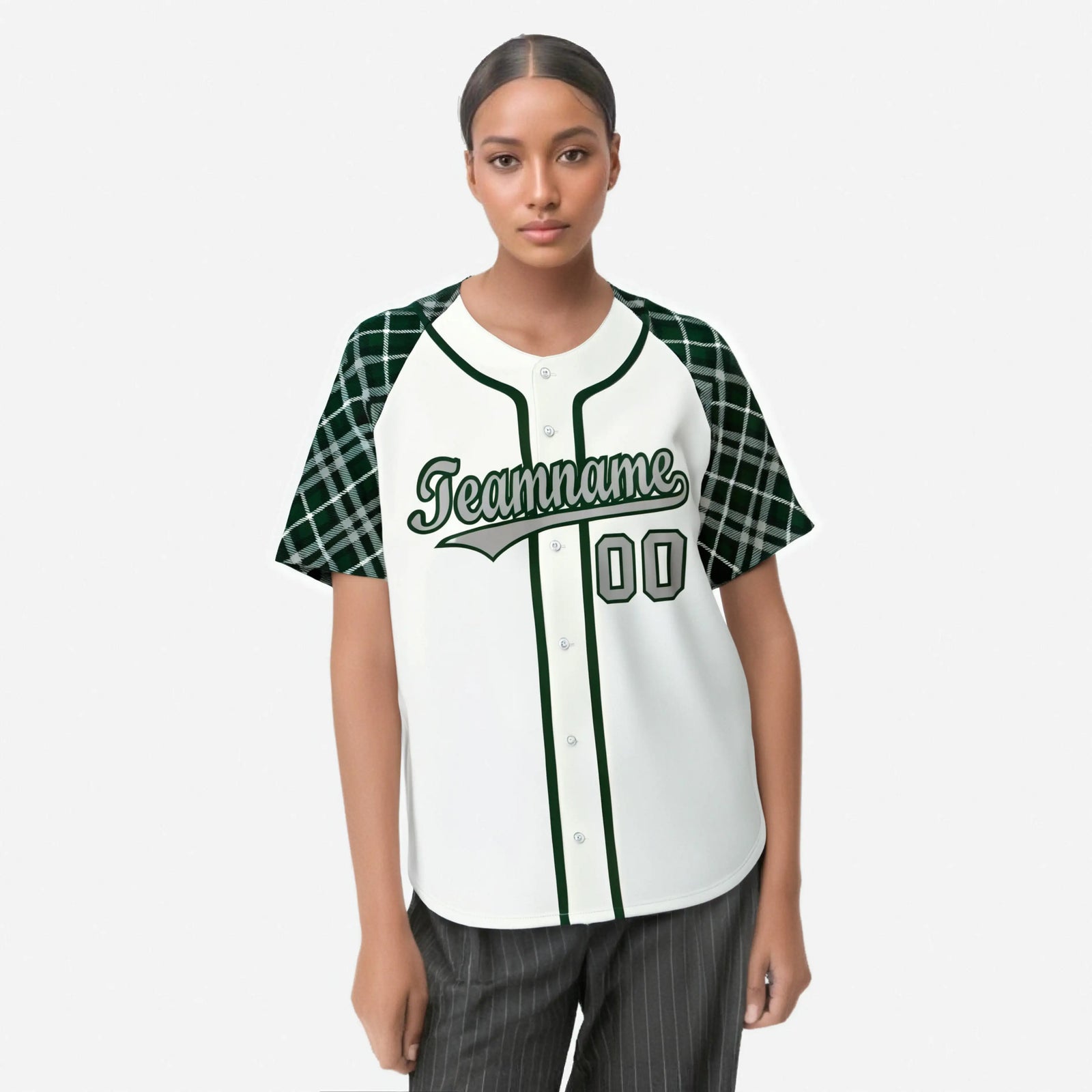 Custom White Green-Gray Authentic Plaid sleeve Baseball Jersey