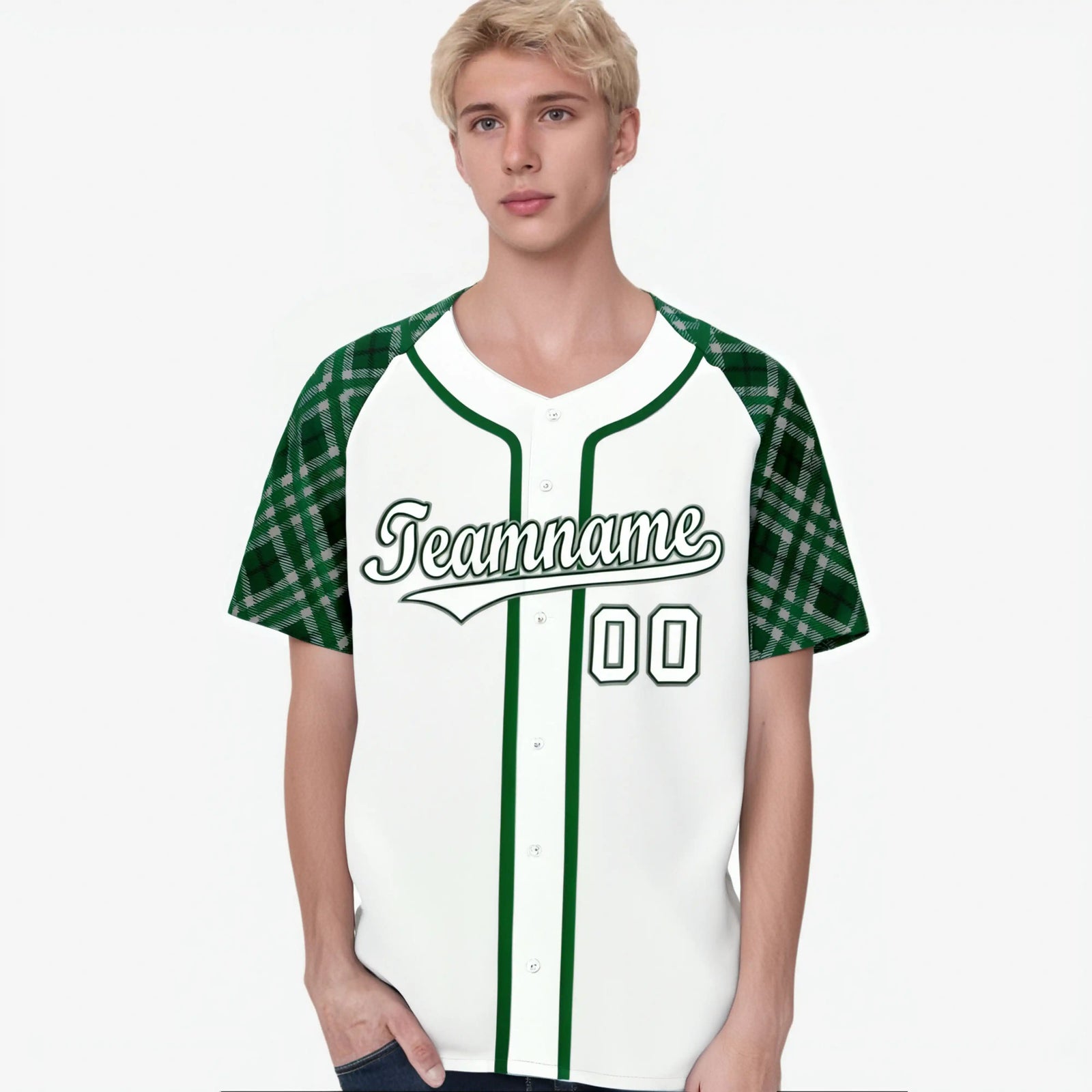 Custom White Green-White Authentic Plaid sleeve Baseball Jersey
