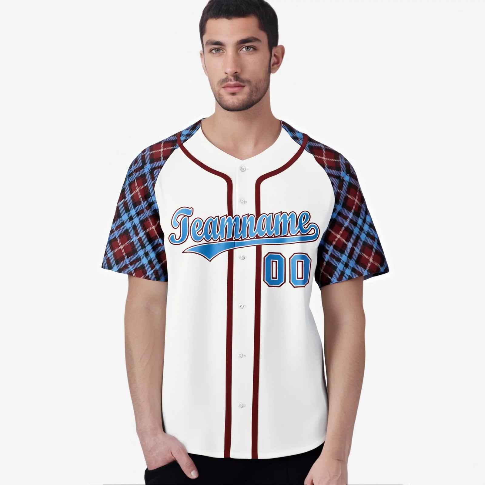 Custom White Light Blue Red Authentic Plaid sleeve Baseball Jersey