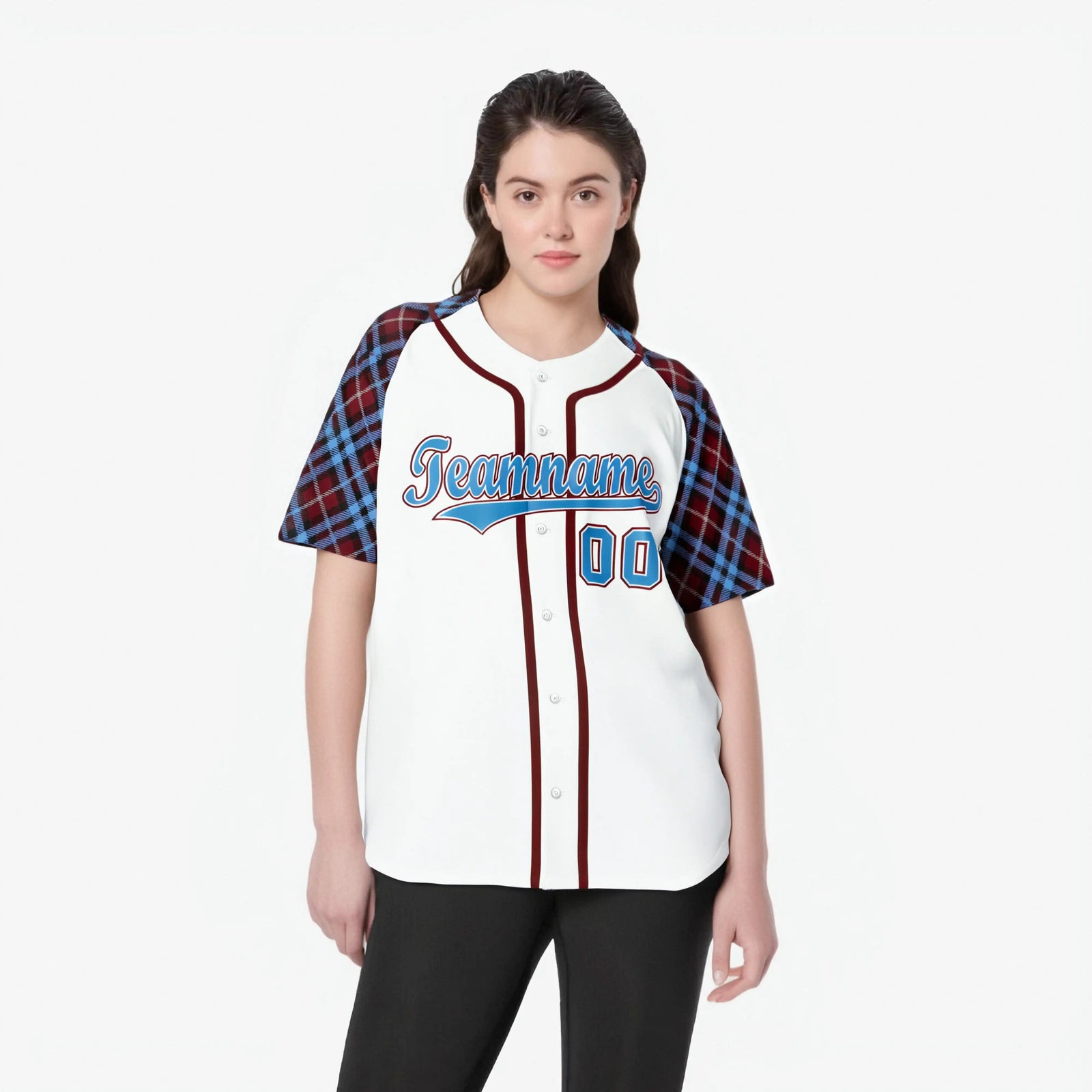 Custom White Light Blue Red Authentic Plaid sleeve Baseball Jersey