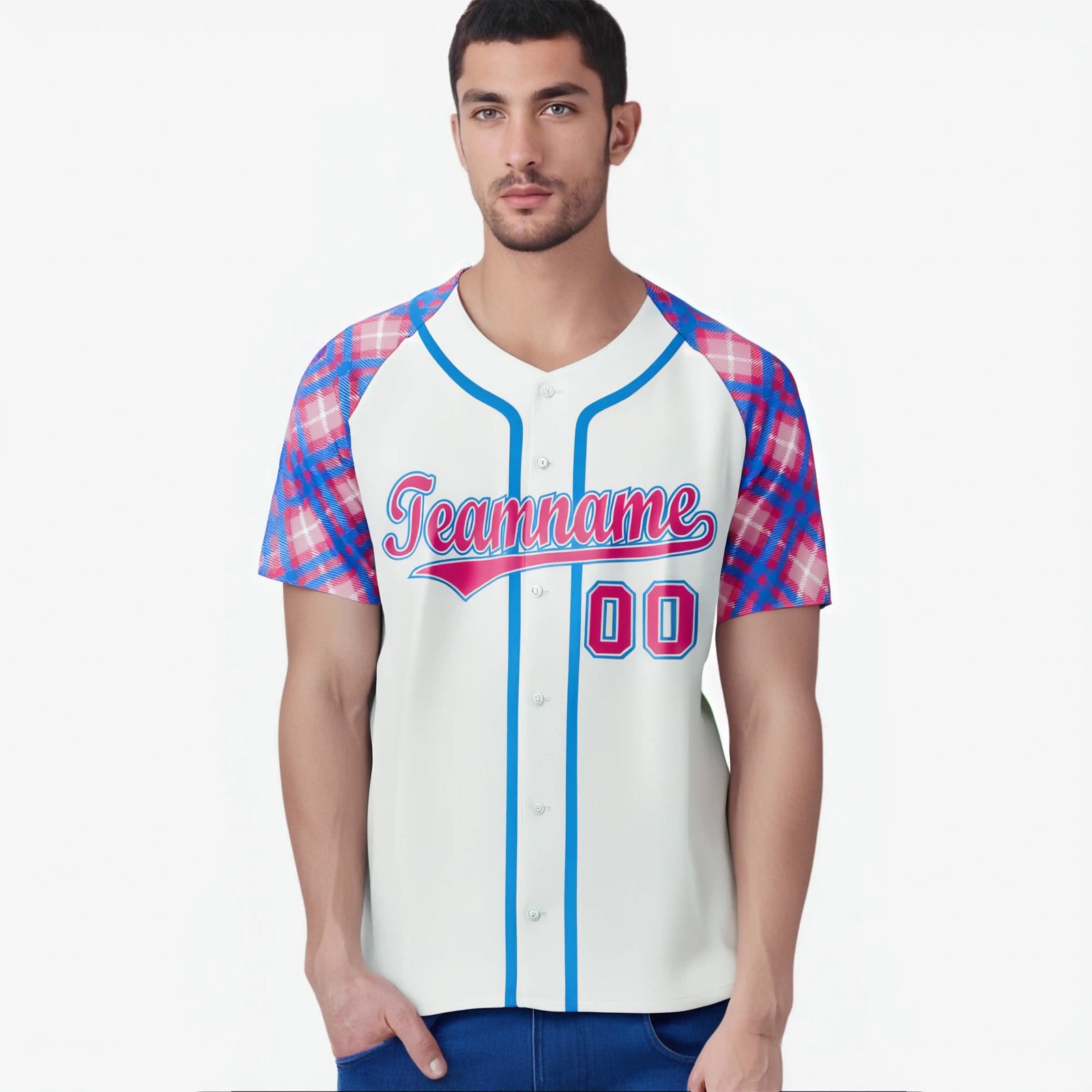 Custom White Pink-Blue Authentic Plaid sleeve Baseball Jersey