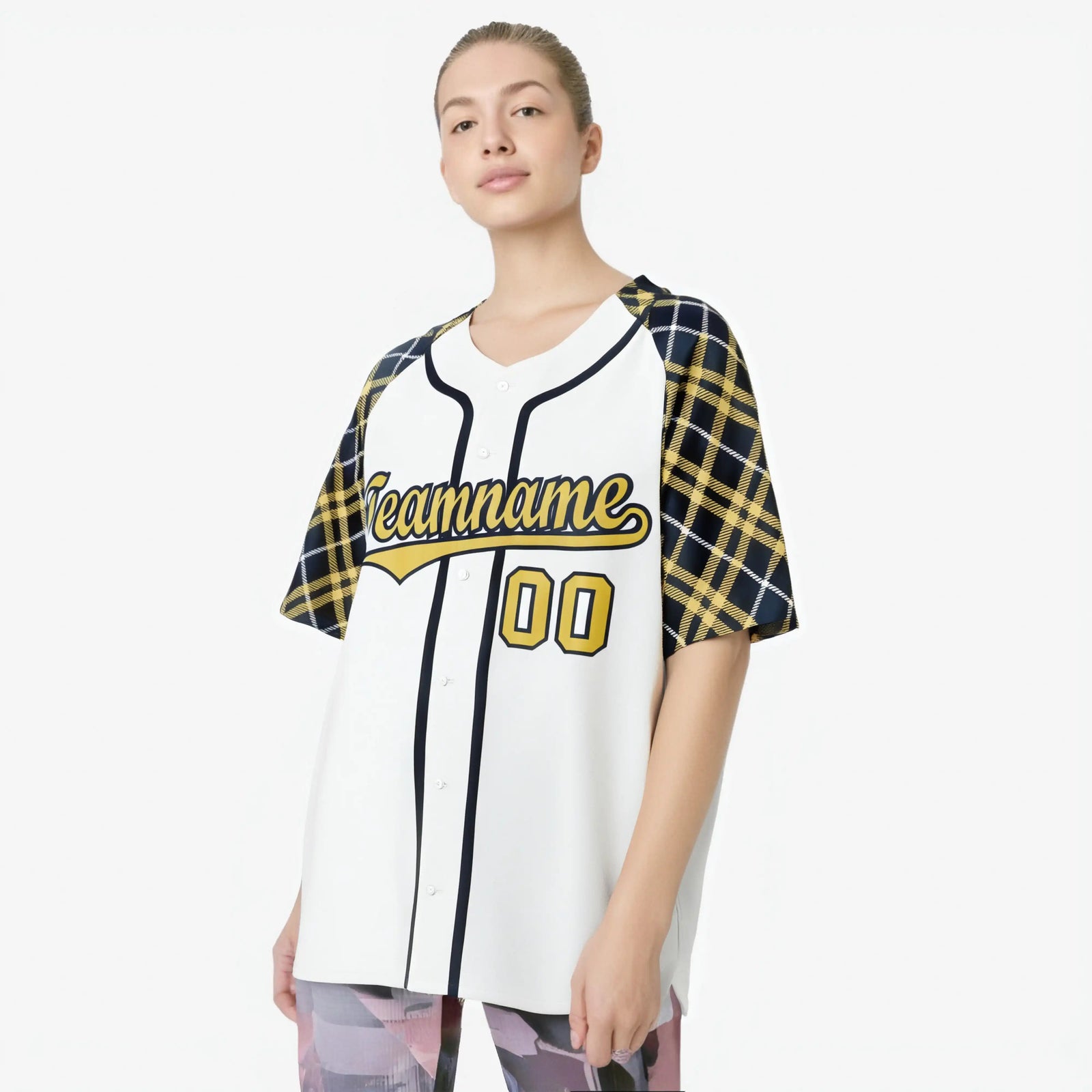 Custom White Yellow-Navy Authentic Plaid sleeve Baseball Jersey
