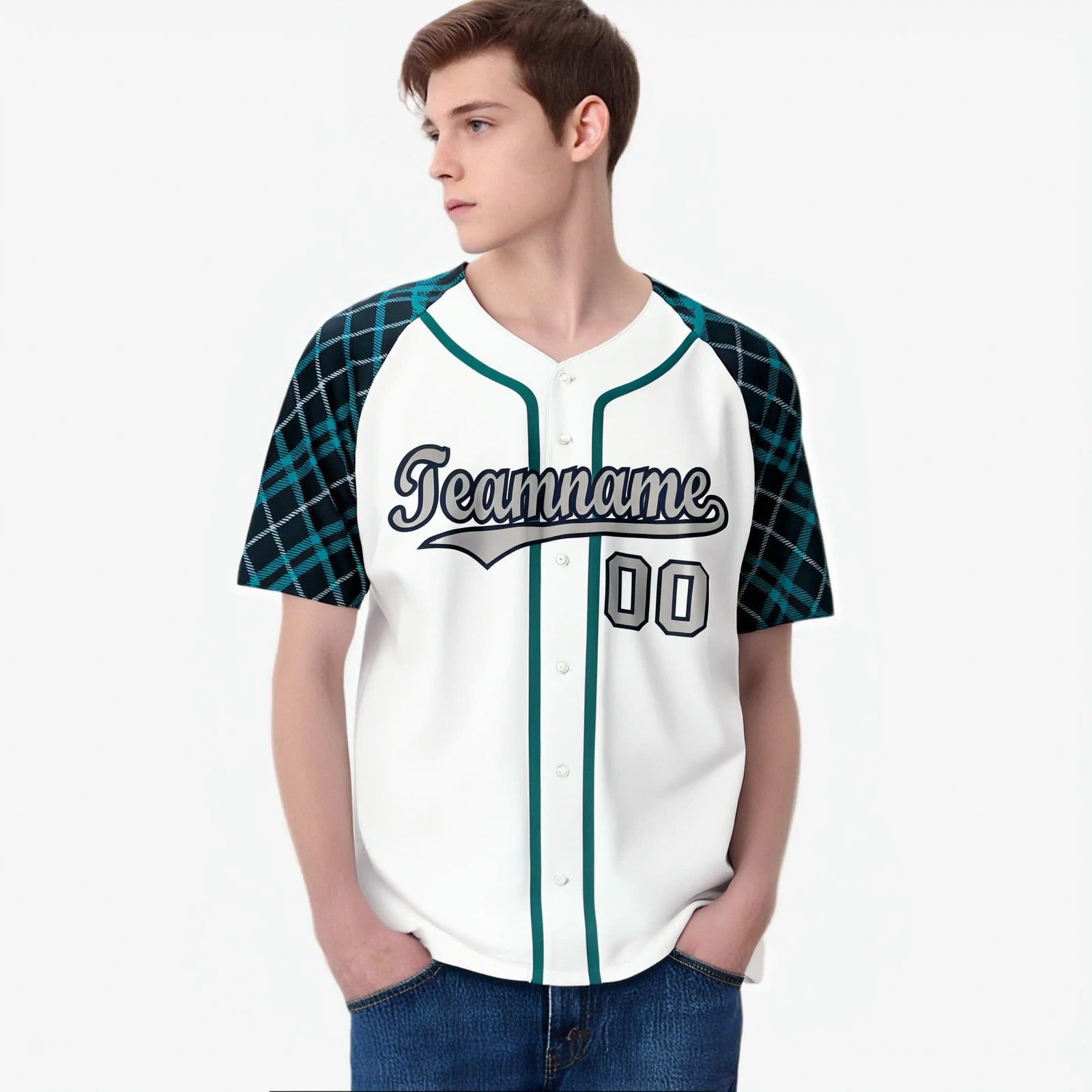 Custom White Greem-Gray Authentic Plaid sleeve Baseball Jersey