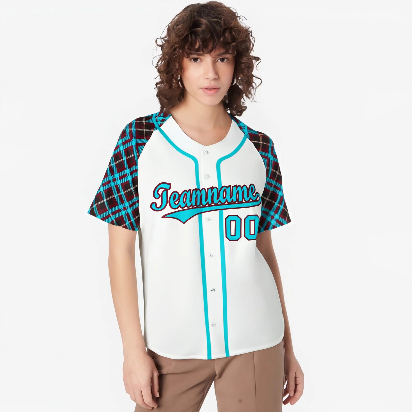 Custom White Blue-Brown Authentic Plaid sleeve Baseball Jersey