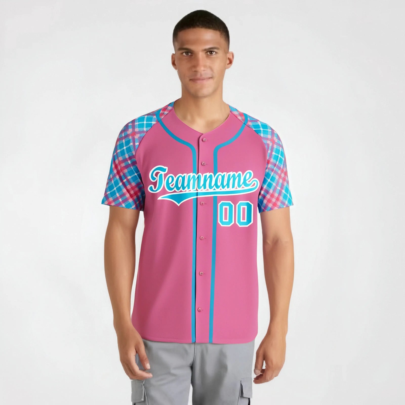 Custom Pink Light Blue-White Authentic Plaid sleeve Baseball Jersey