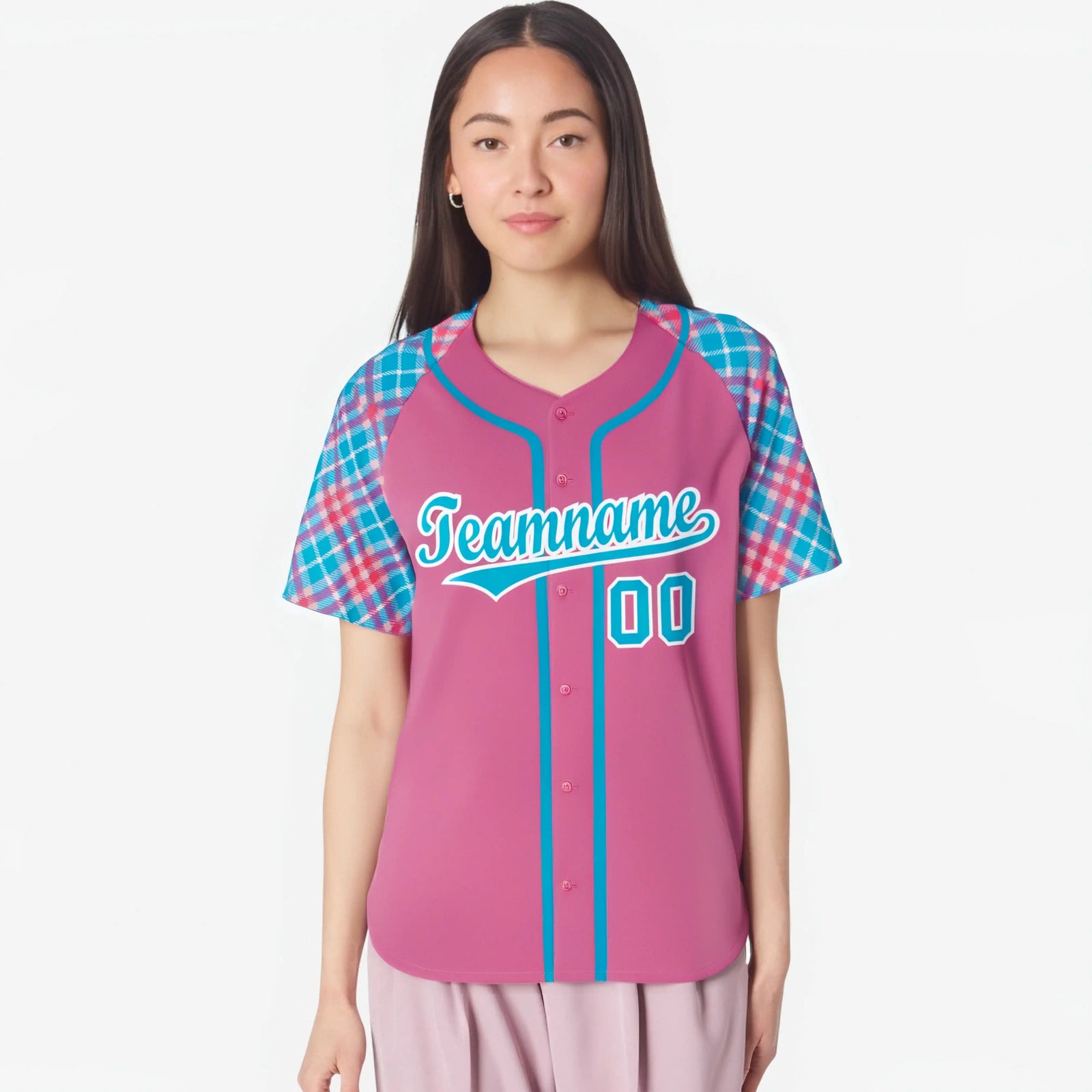 Custom Pink Light Blue-White Authentic Plaid sleeve Baseball Jersey