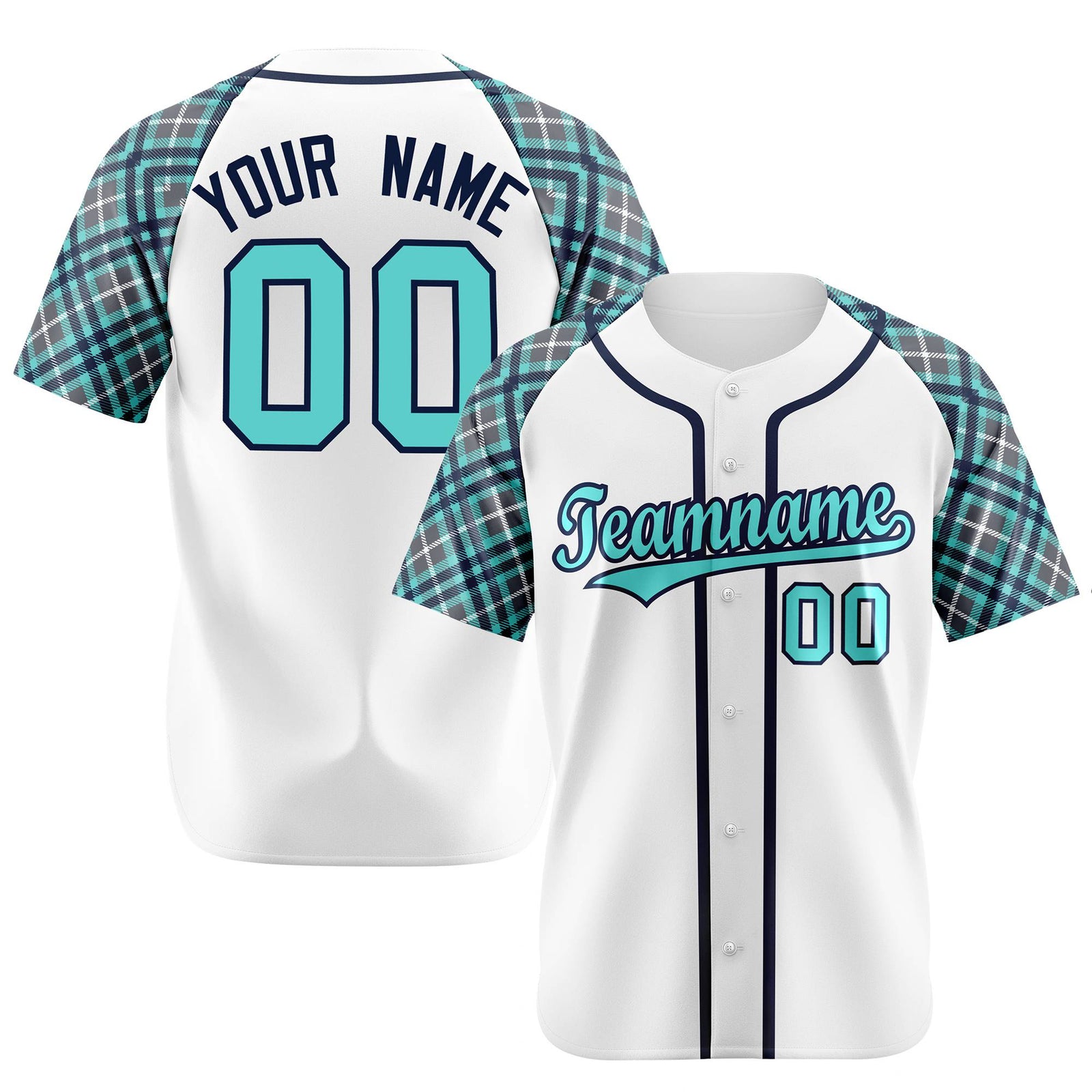 Custom White Light-Blue Navy Authentic Plaid sleeve Baseball Jersey