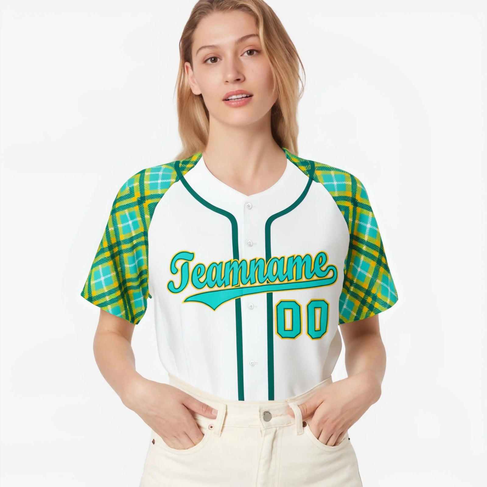 Custom White Light-Blue Yellow Authentic Plaid sleeve Baseball Jersey