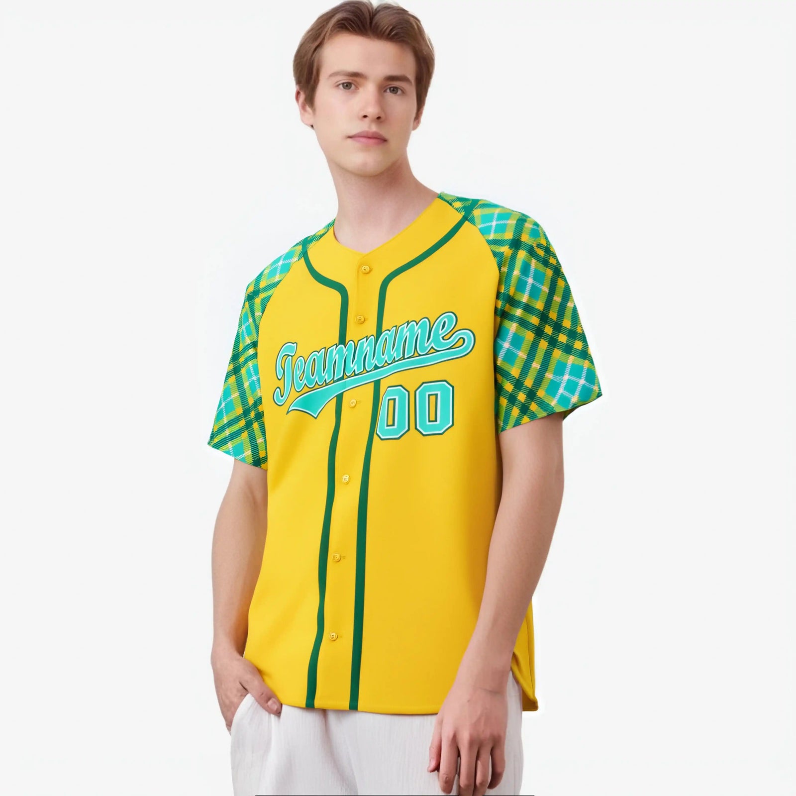 Custom Yellow Light-Blue Aqua Authentic Plaid sleeve Baseball Jersey