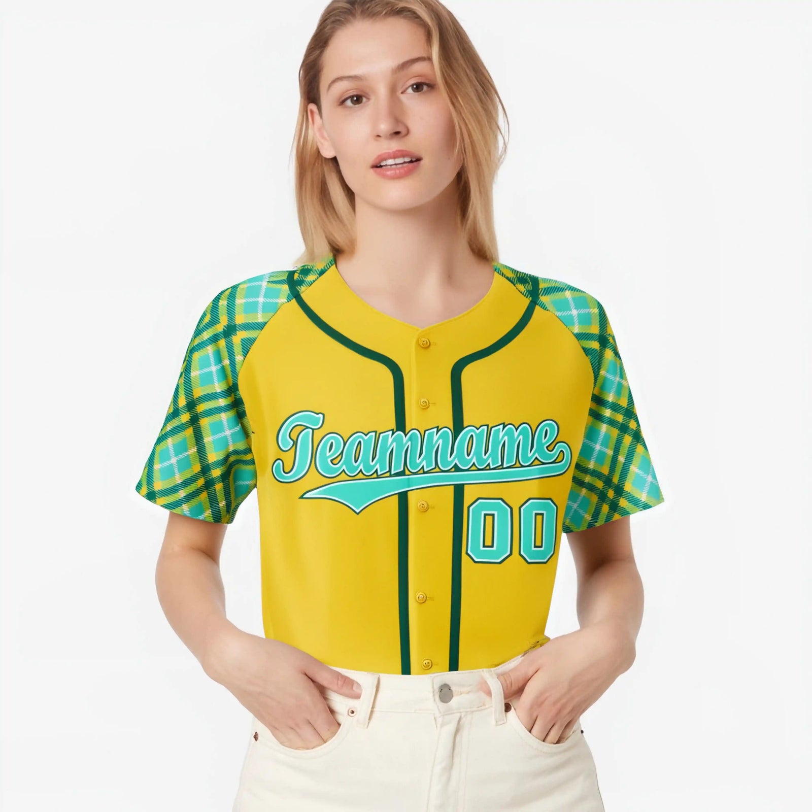 Custom Yellow Light-Blue Aqua Authentic Plaid sleeve Baseball Jersey