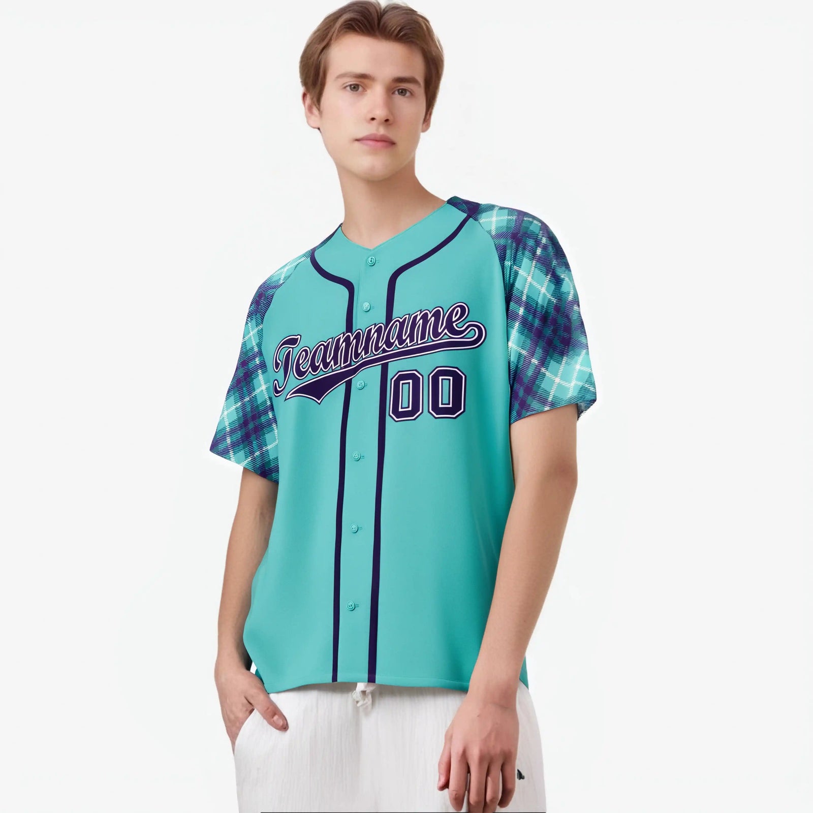 Custom Aqua Purple-White Authentic Plaid sleeve Baseball Jersey