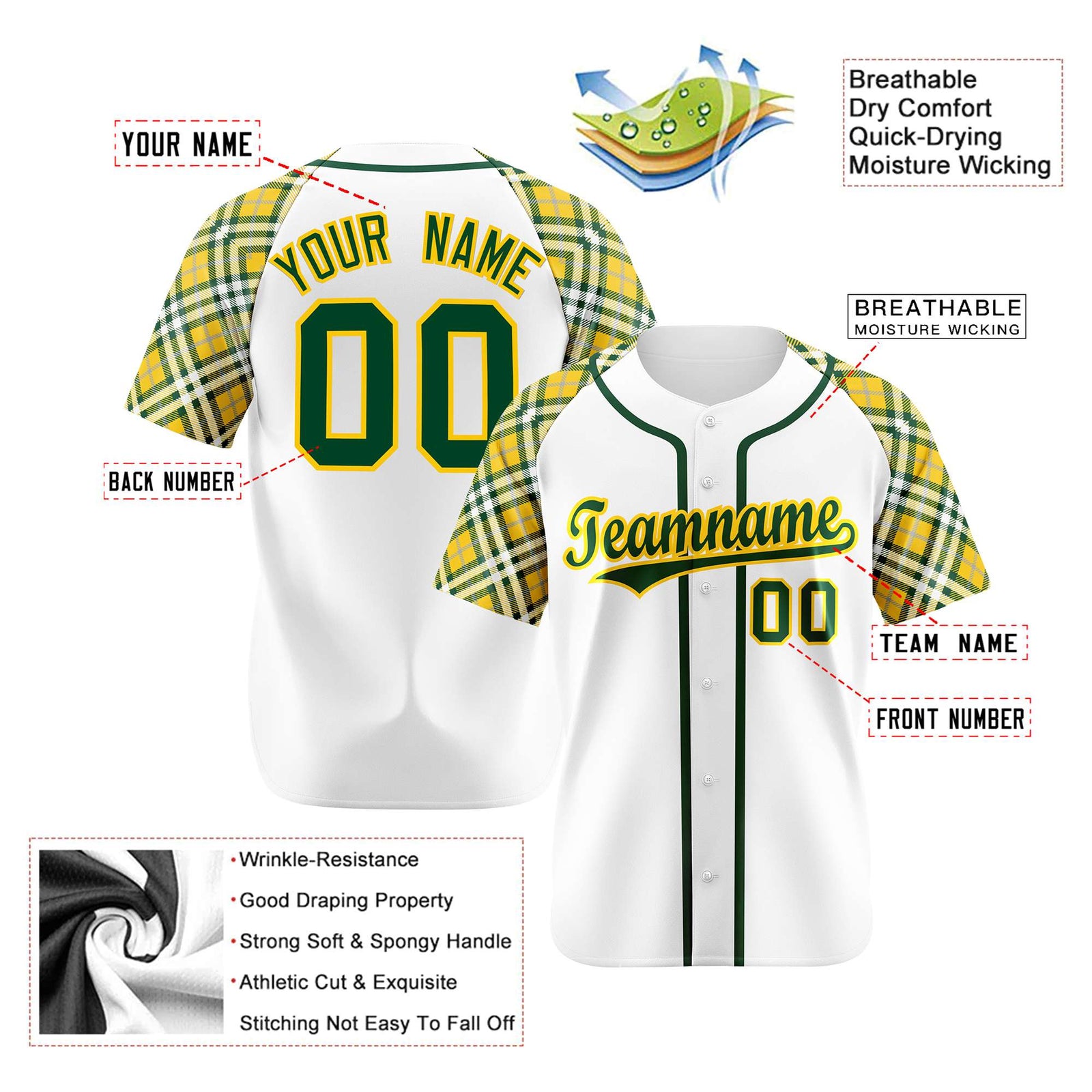 Custom White Yellow Kelly-Green Authentic Plaid sleeve Baseball Jersey