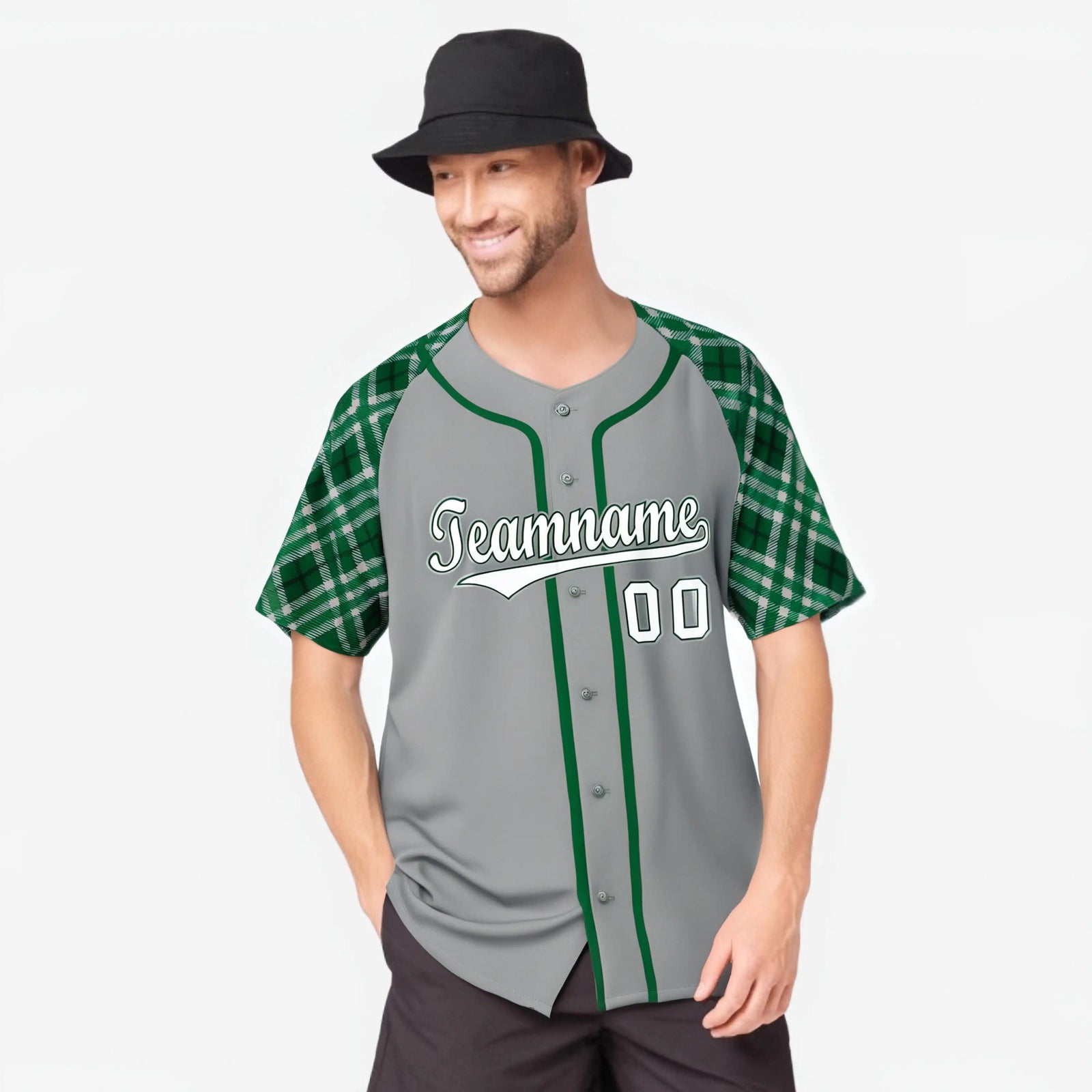 Custom Gray Green-White Authentic Plaid sleeve Baseball Jersey