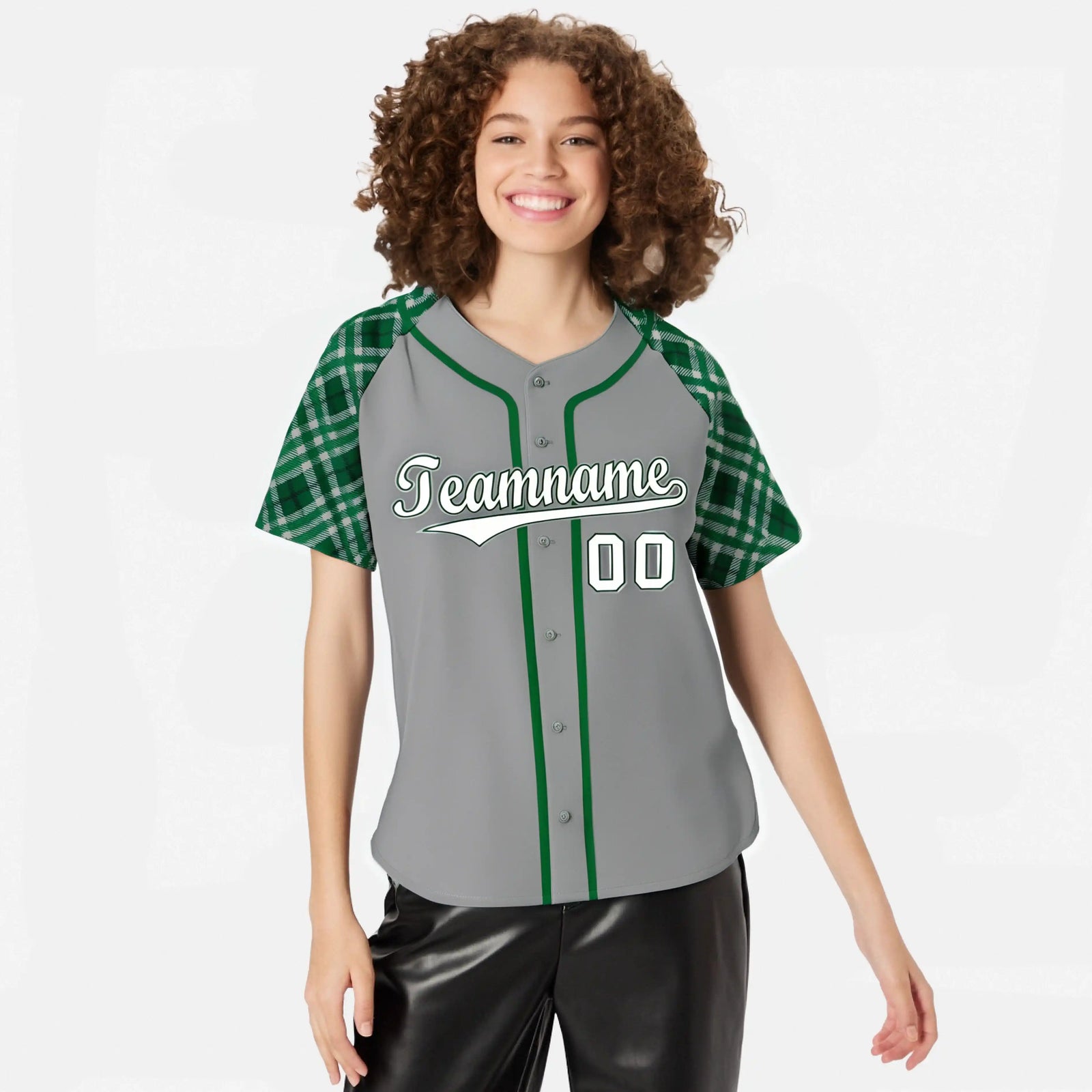 Custom Gray Green-White Authentic Plaid sleeve Baseball Jersey
