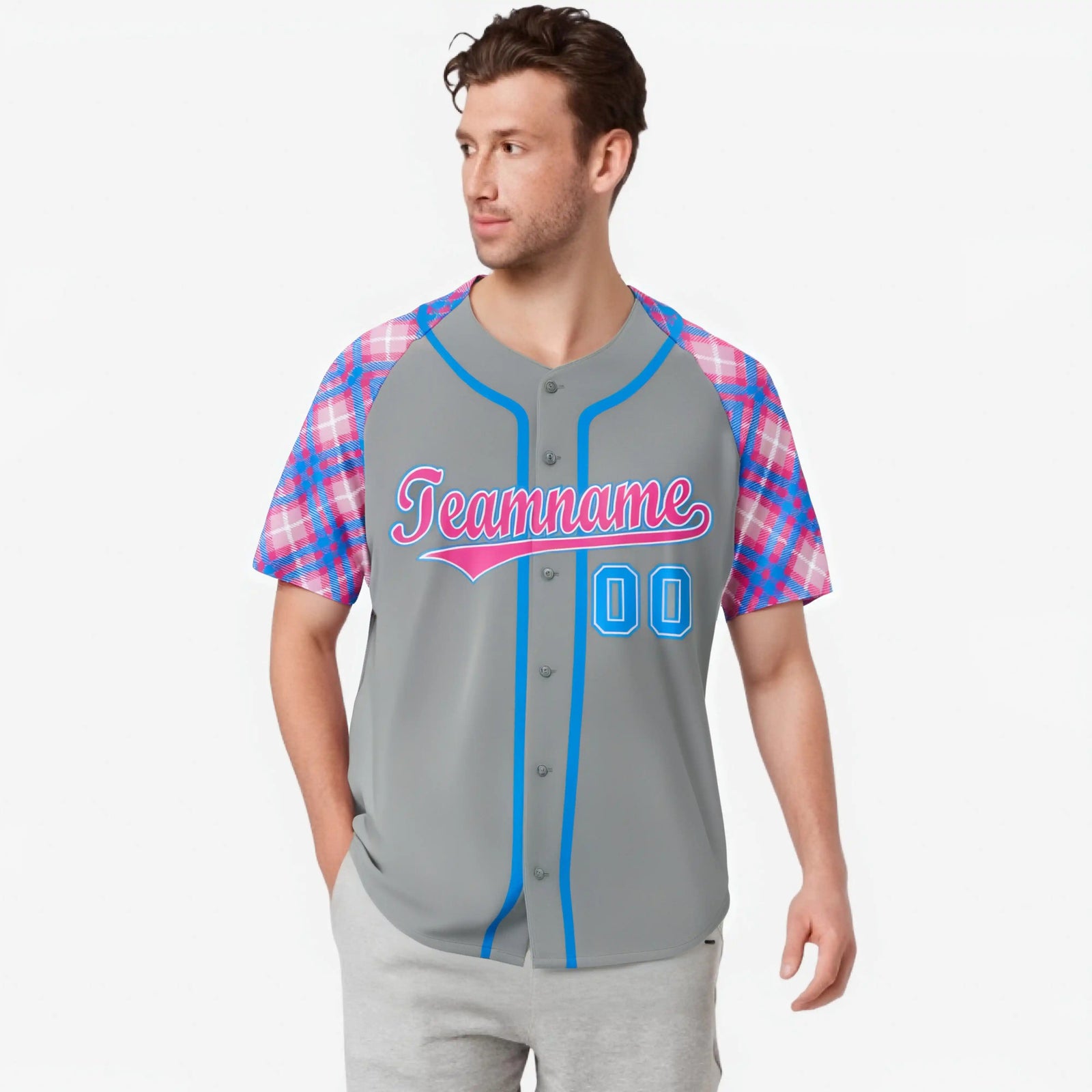 Custom Gray Blue-Pink Authentic Plaid sleeve Baseball Jersey