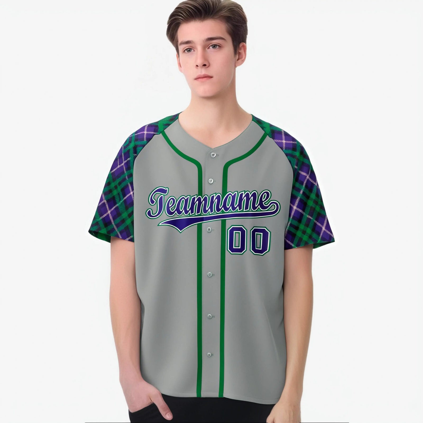 Custom Gray Purple-Green White Authentic Plaid sleeve Baseball Jersey