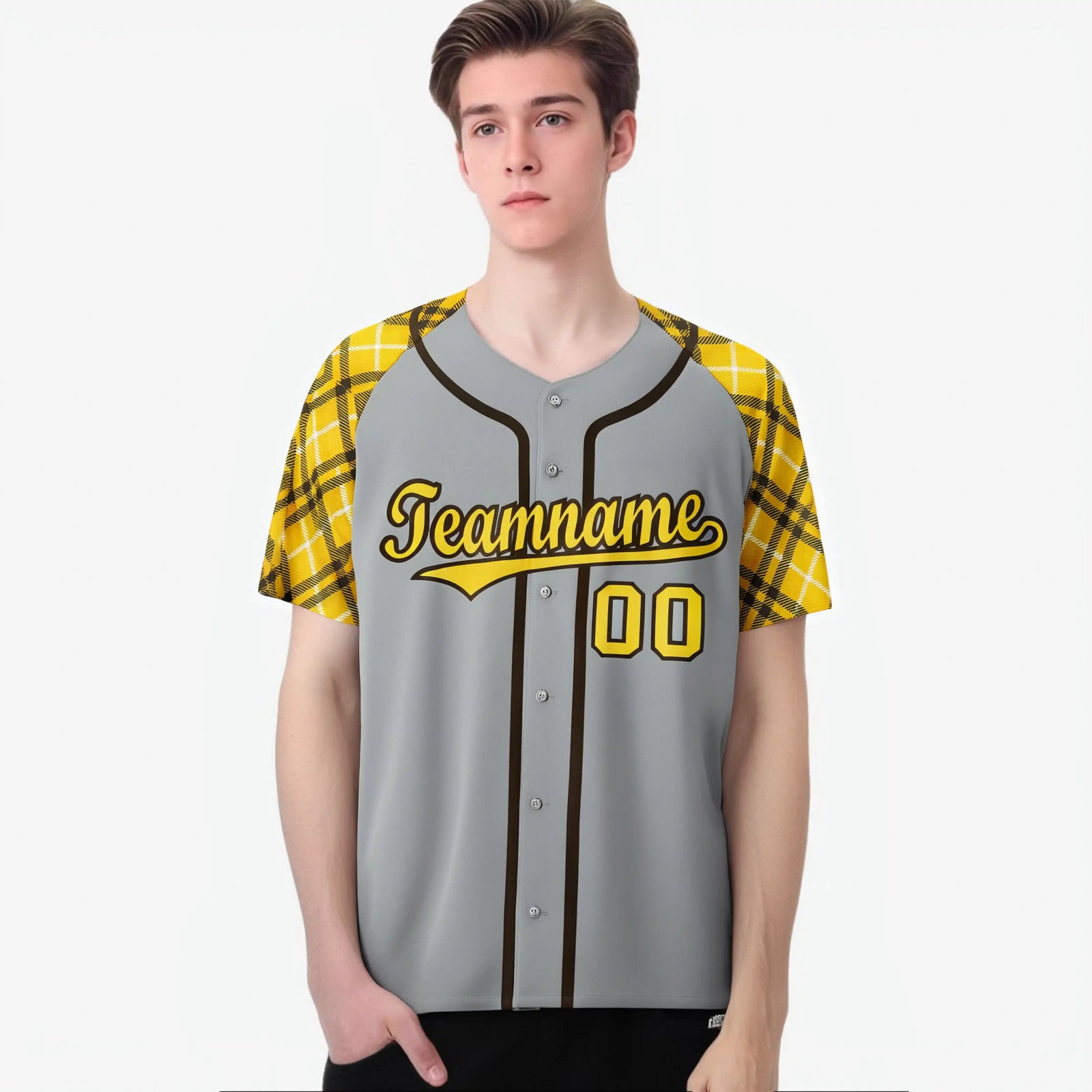 Custom Gray Yellow-Black Authentic Plaid sleeve Baseball Jersey