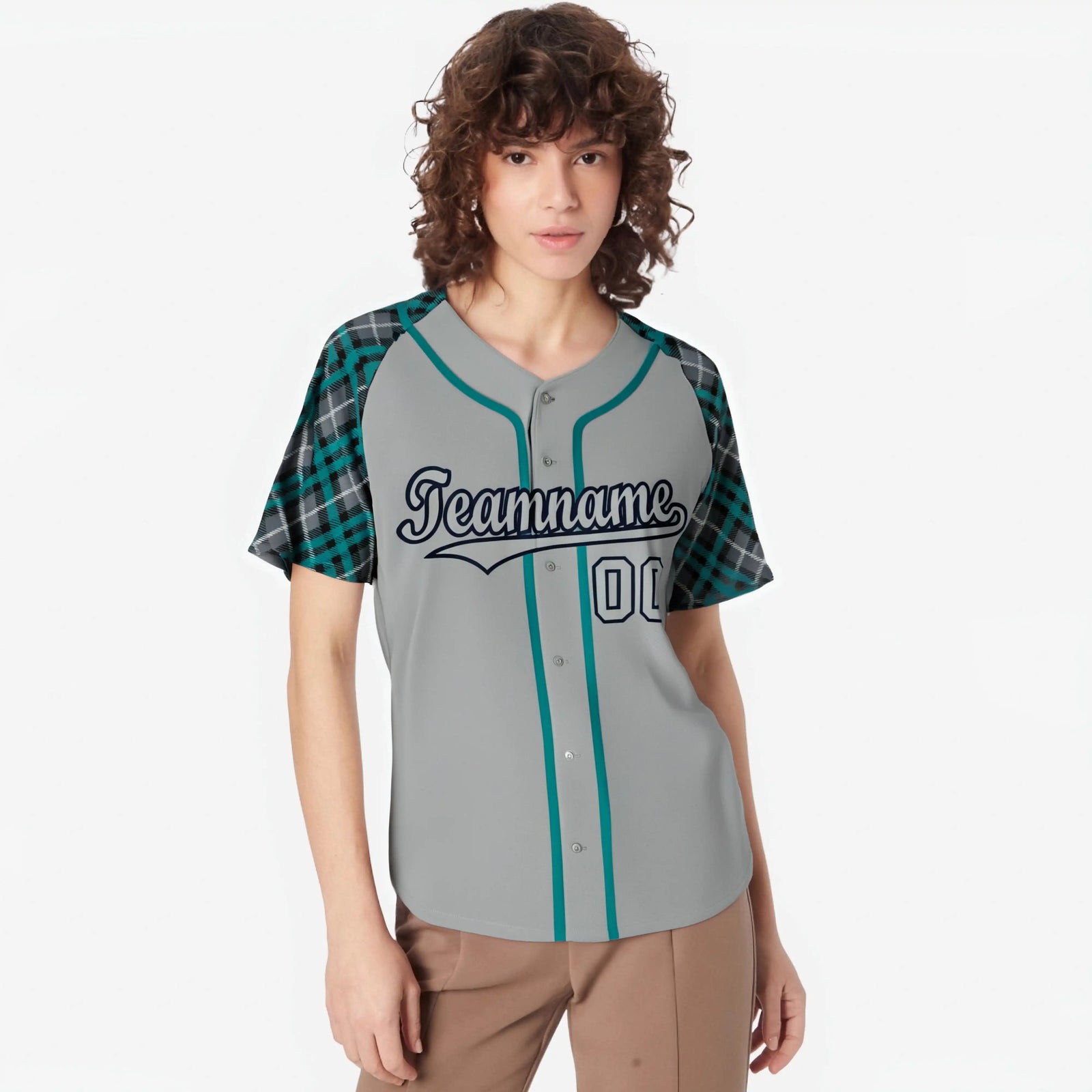 Custom Gray Midnight-Green Navy Authentic Plaid sleeve Baseball Jersey