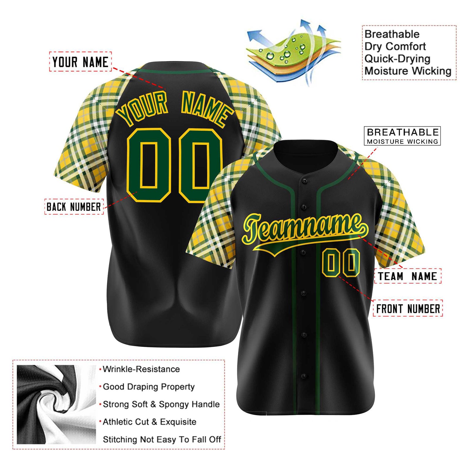 Custom Black Yellow Midnight-Green Authentic Plaid sleeve Baseball Jersey