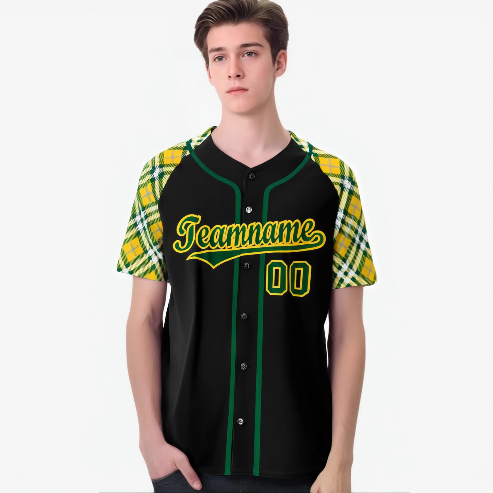 Custom Black Yellow Midnight-Green Authentic Plaid sleeve Baseball Jersey