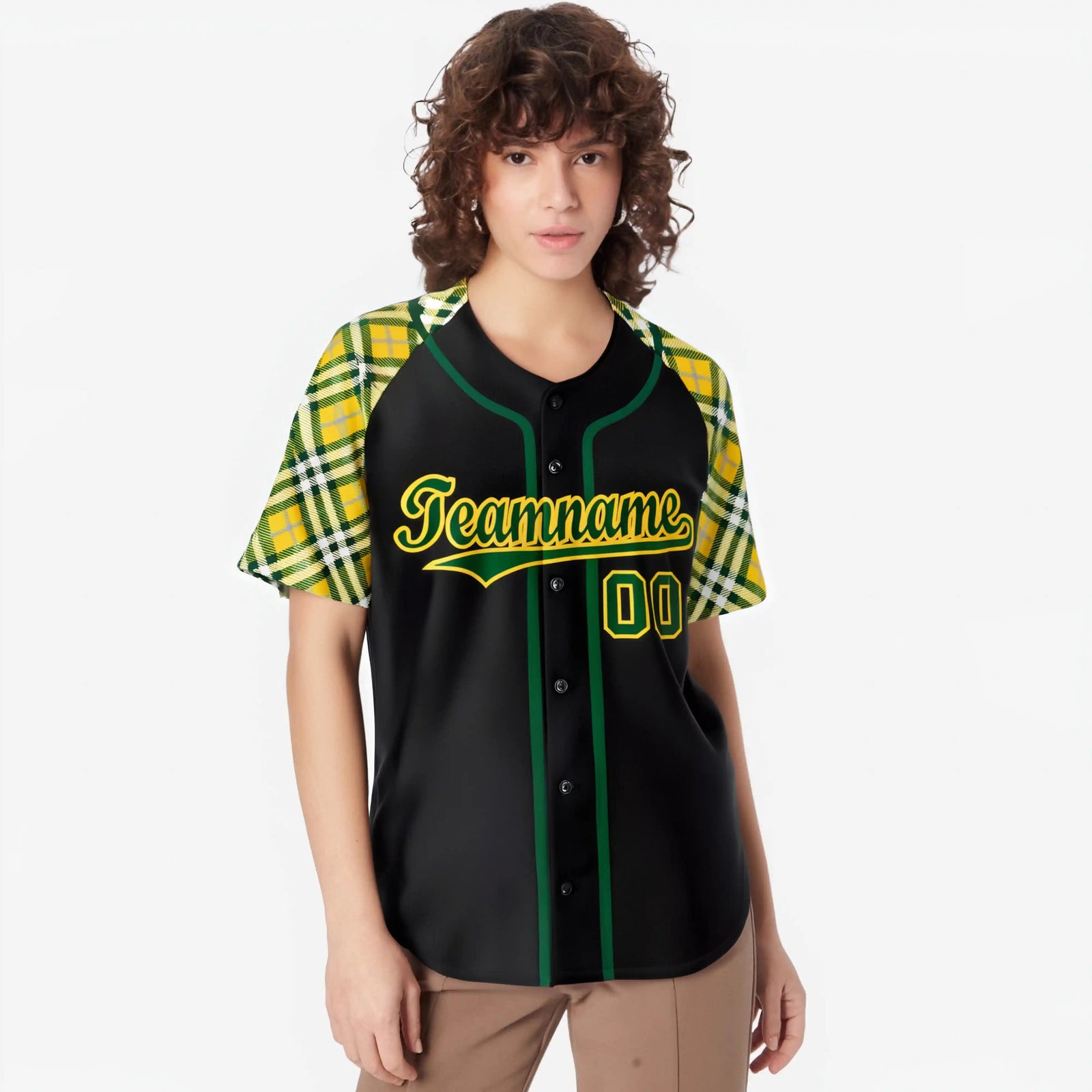 Custom Black Yellow Midnight-Green Authentic Plaid sleeve Baseball Jersey