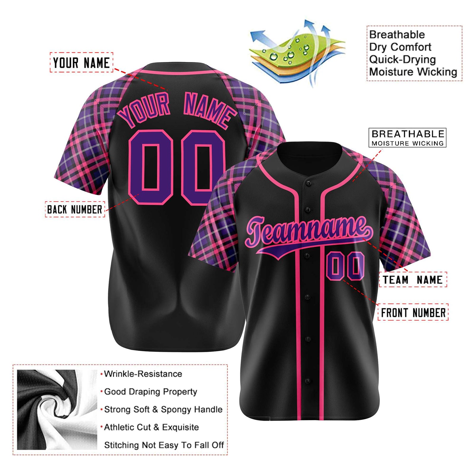 Custom Black Purple-Pink Authentic Plaid sleeve Baseball Jersey