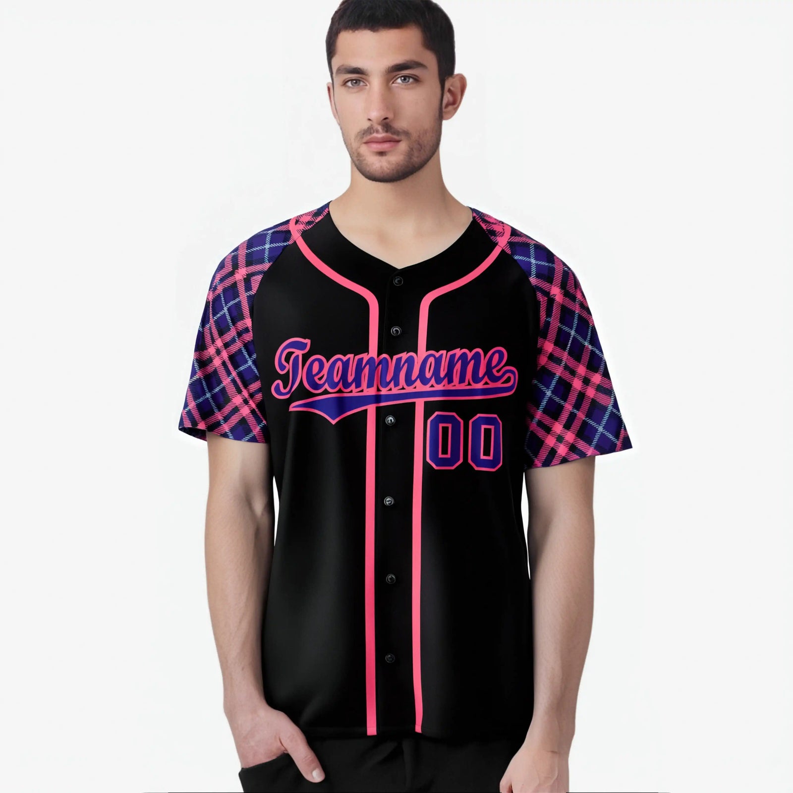 Custom Black Purple-Pink Authentic Plaid sleeve Baseball Jersey
