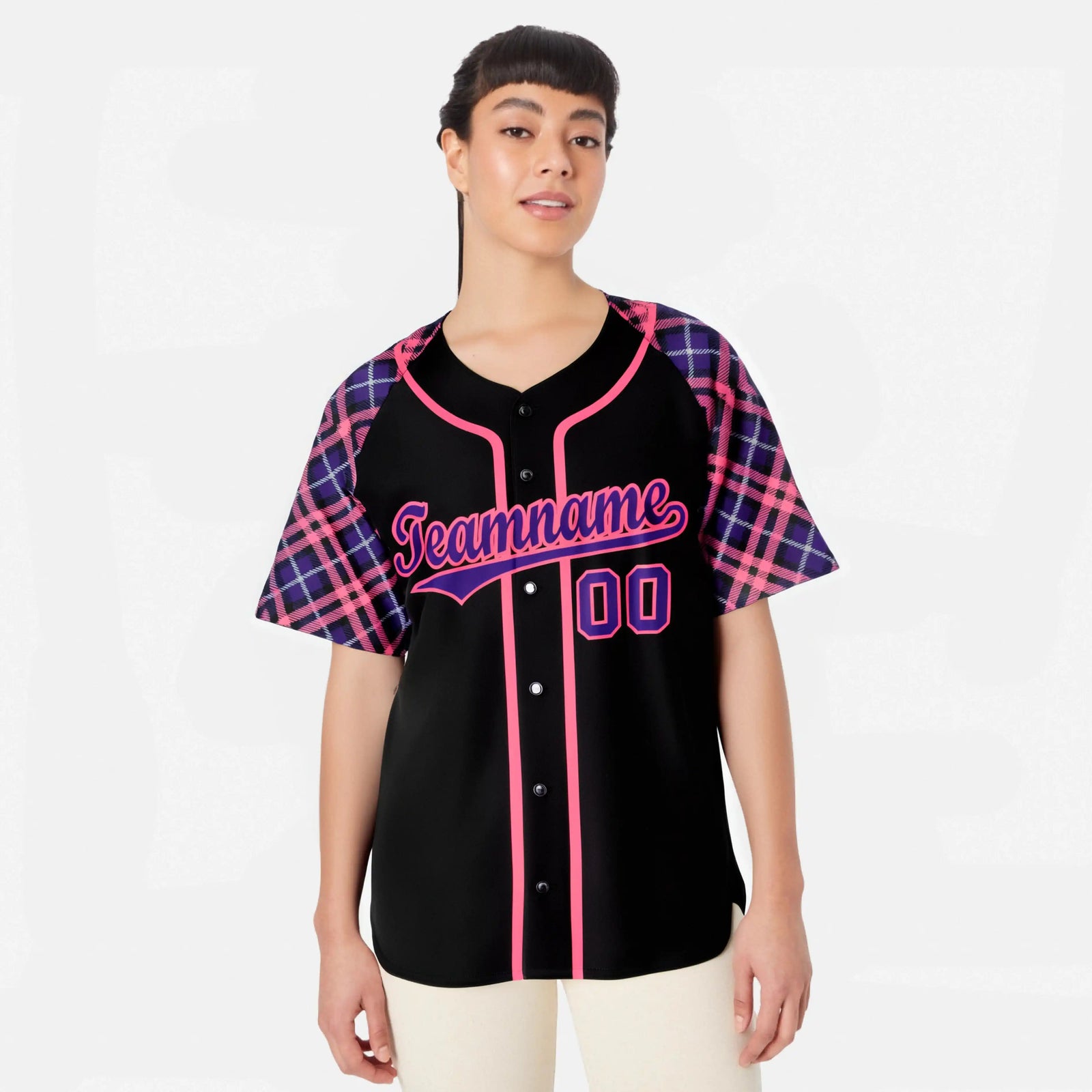 Custom Black Purple-Pink Authentic Plaid sleeve Baseball Jersey