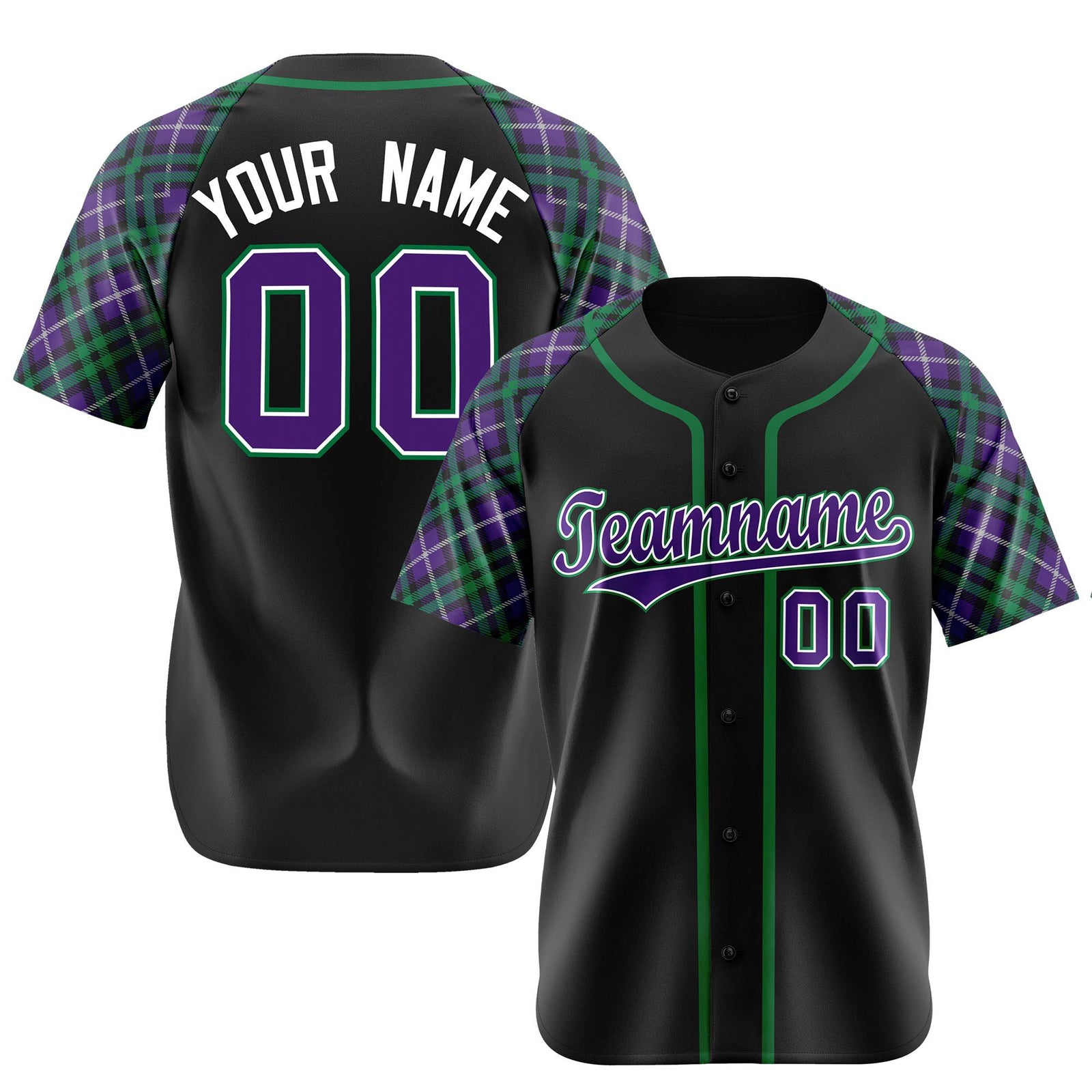 Custom Black Purple-Green Authentic Plaid sleeve Baseball Jersey