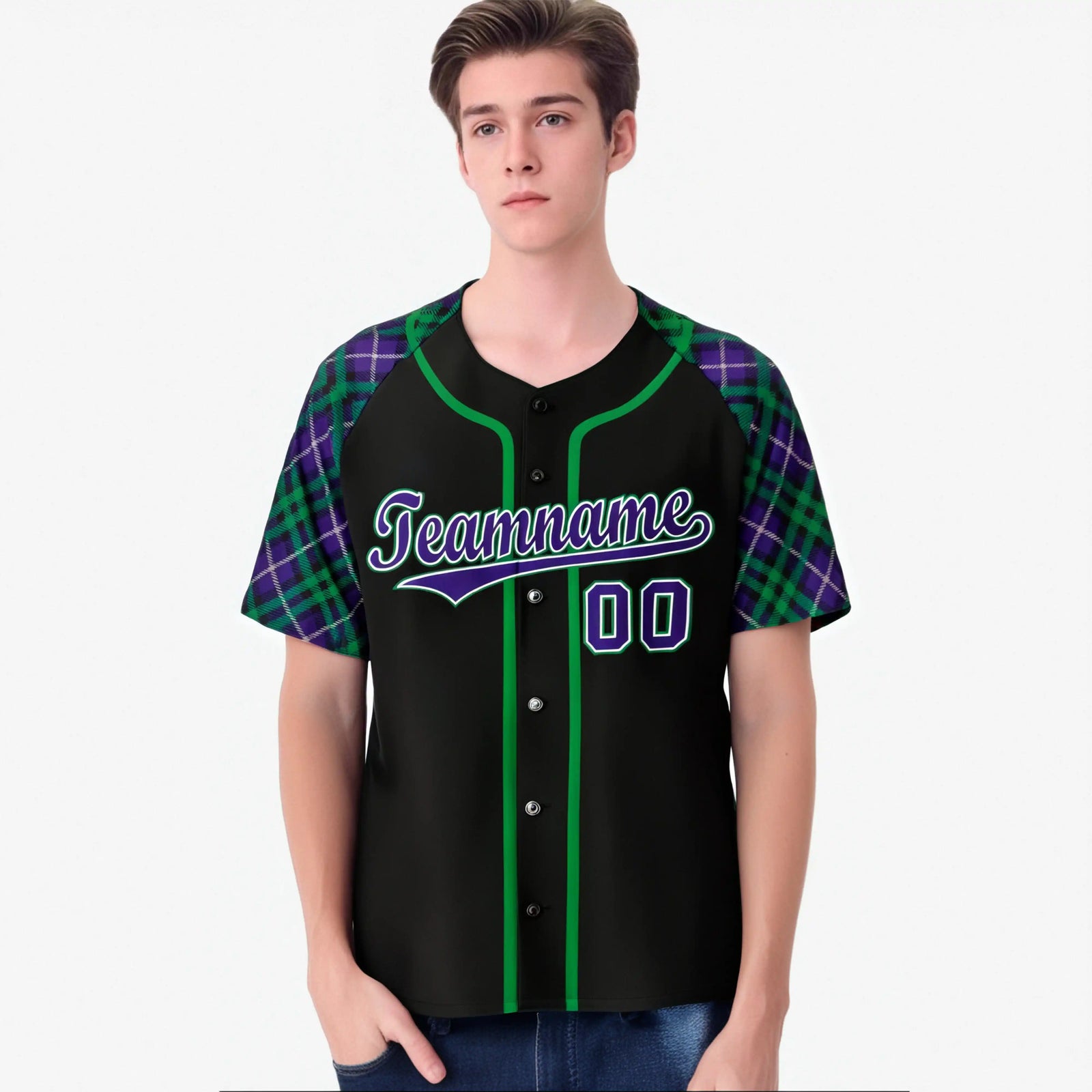 Custom Black Purple-Green Authentic Plaid sleeve Baseball Jersey