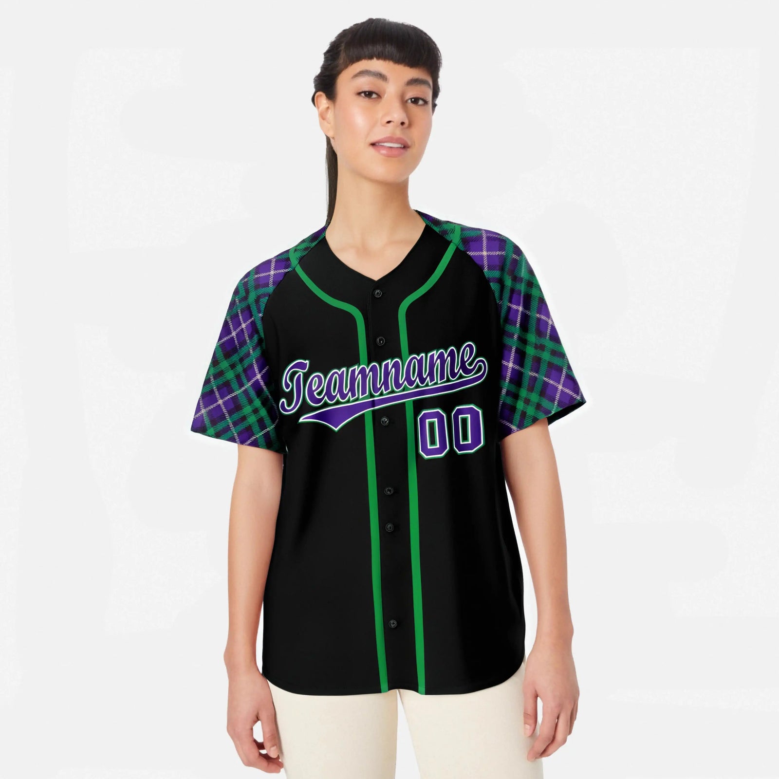 Custom Black Purple-Green Authentic Plaid sleeve Baseball Jersey