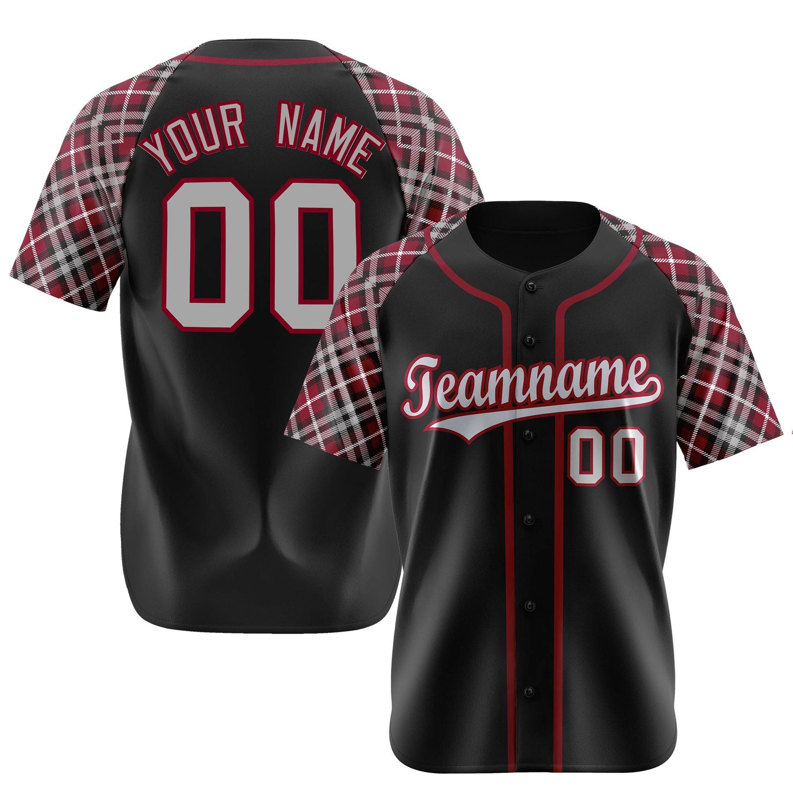 Custom Black Crimson-Gray Authentic Plaid sleeve Baseball Jersey