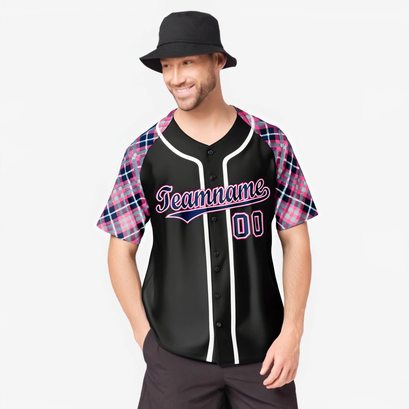 Custom Black Pink-Navy White Authentic Plaid sleeve Baseball Jersey
