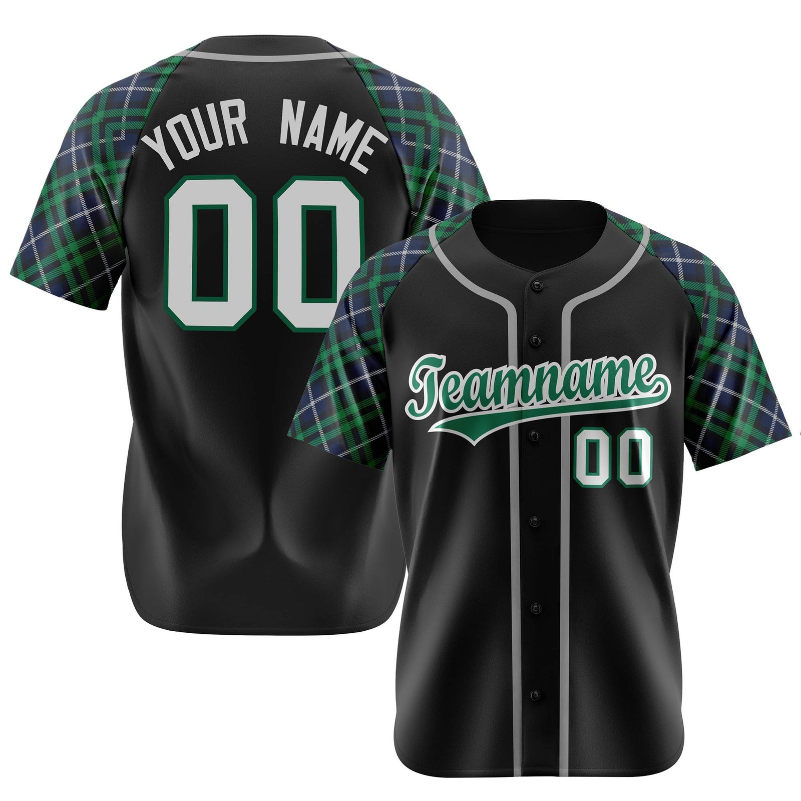 Custom Black Green-Gray Navy Authentic Plaid sleeve Baseball Jersey