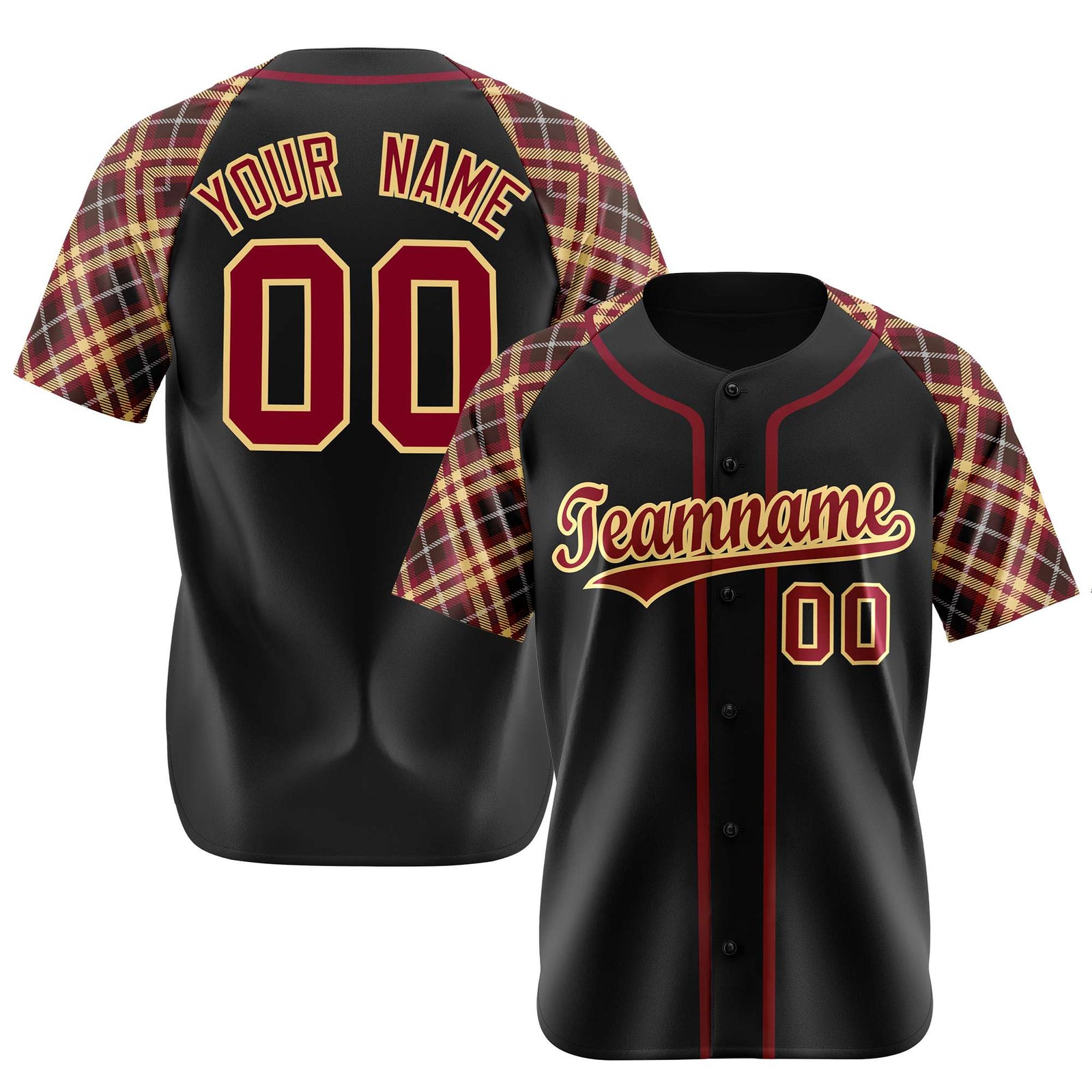 Custom Black Burgundy Old-Gold Authentic Plaid sleeve Baseball Jersey