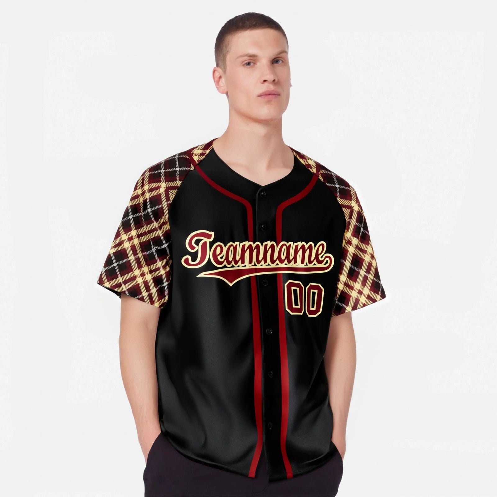 Custom Black Burgundy Old-Gold Authentic Plaid sleeve Baseball Jersey
